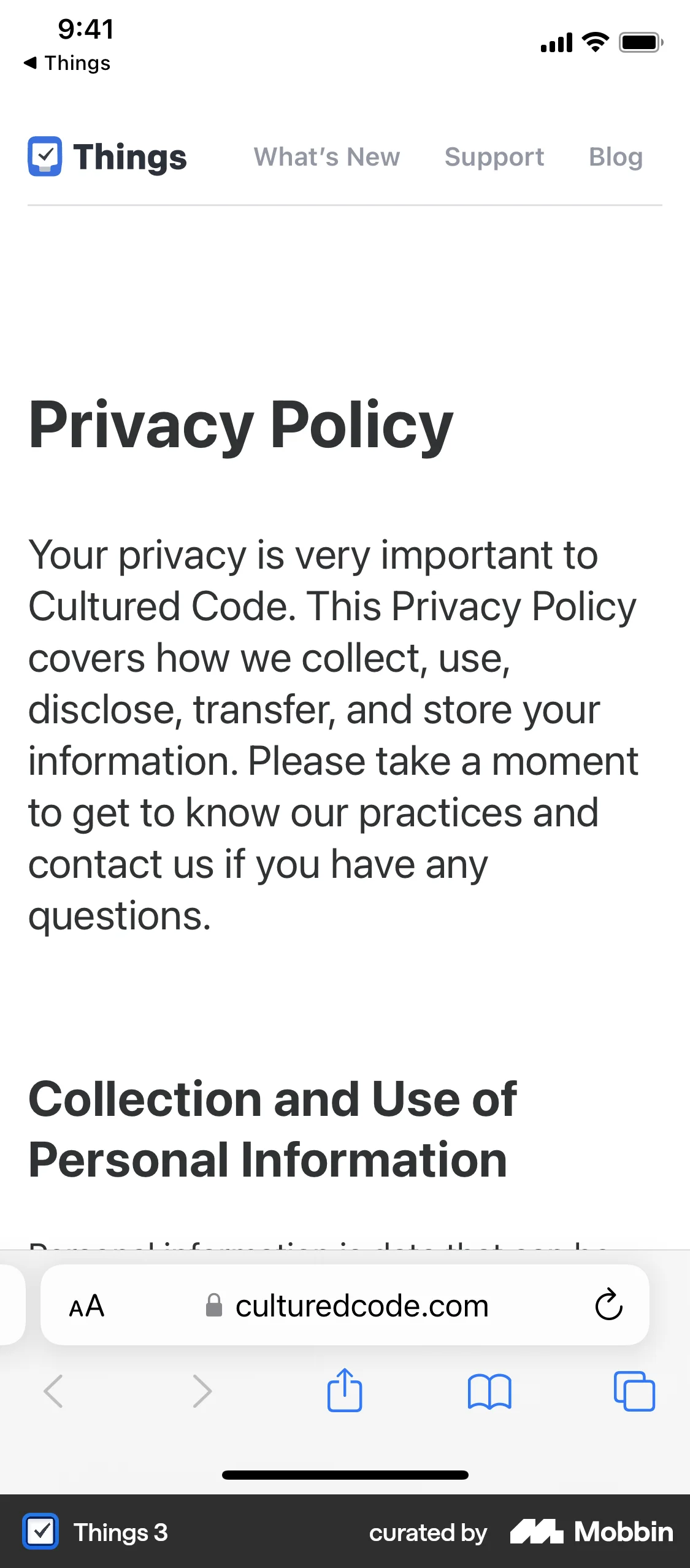 Things 3 iOS Privacy Policy screen