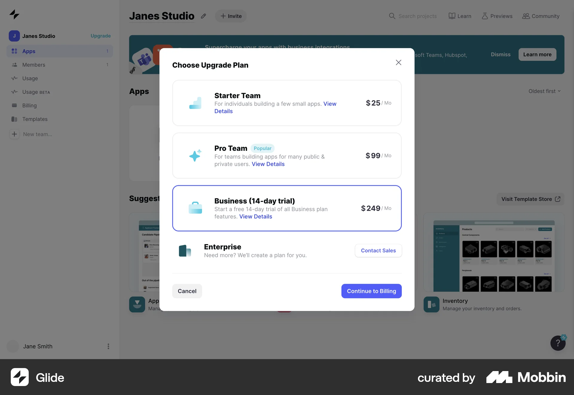 Glide Web Pricing screen
