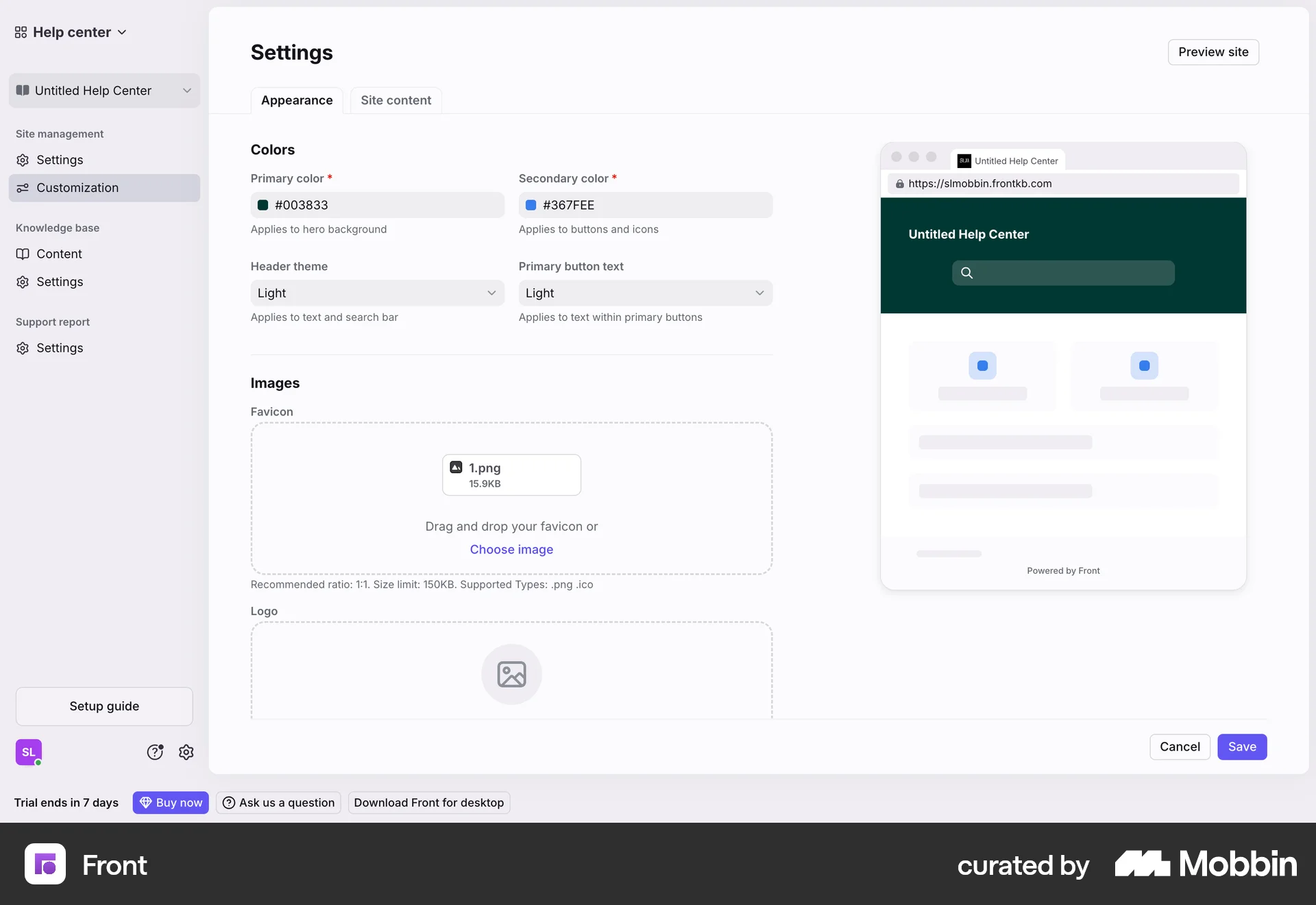 Front Web Settings & Preferences screen
