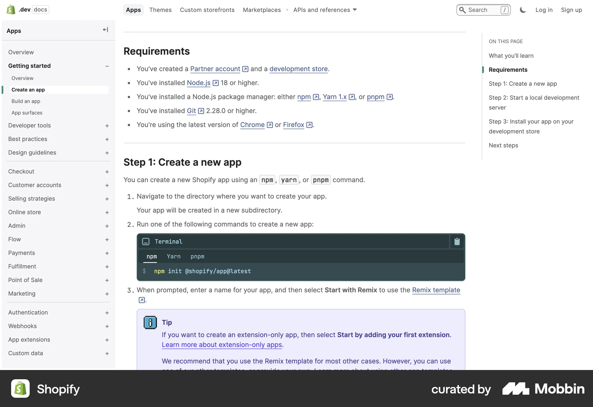 Shopify Web screen containing Table of Contents UI element