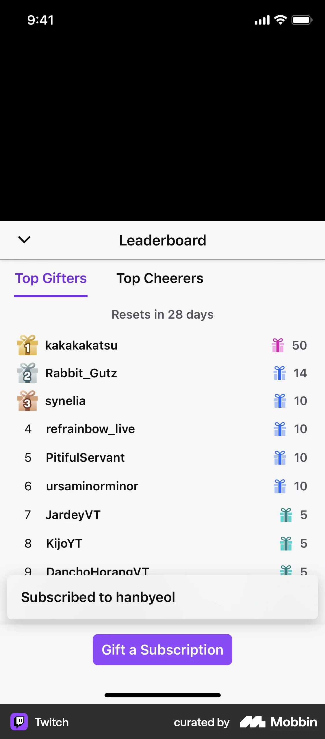 Twitch iOS Leaderboard screen