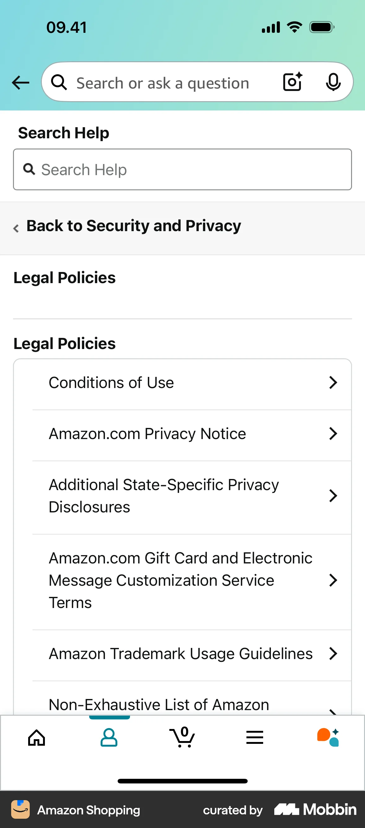 Amazon Shopping iOS Help & Support screen