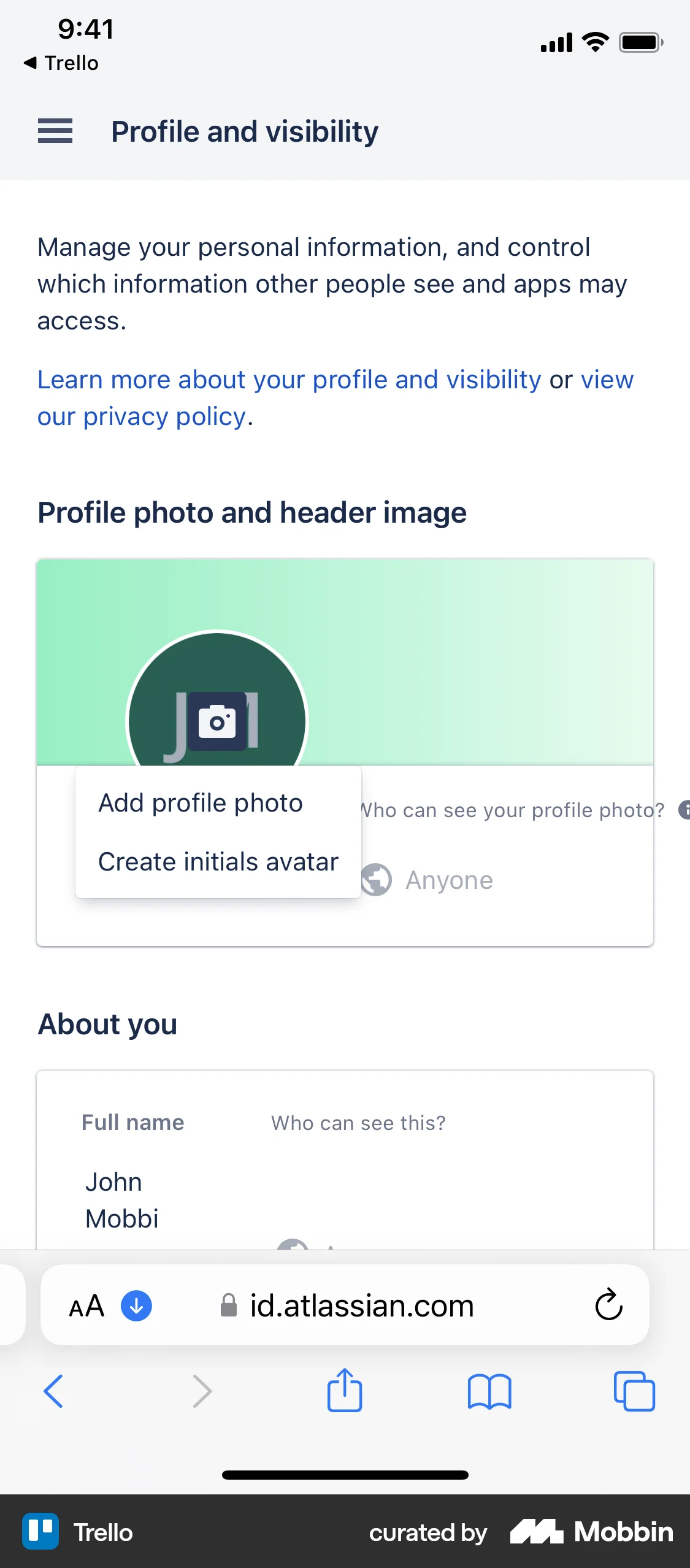 Trello iOS Browser screen