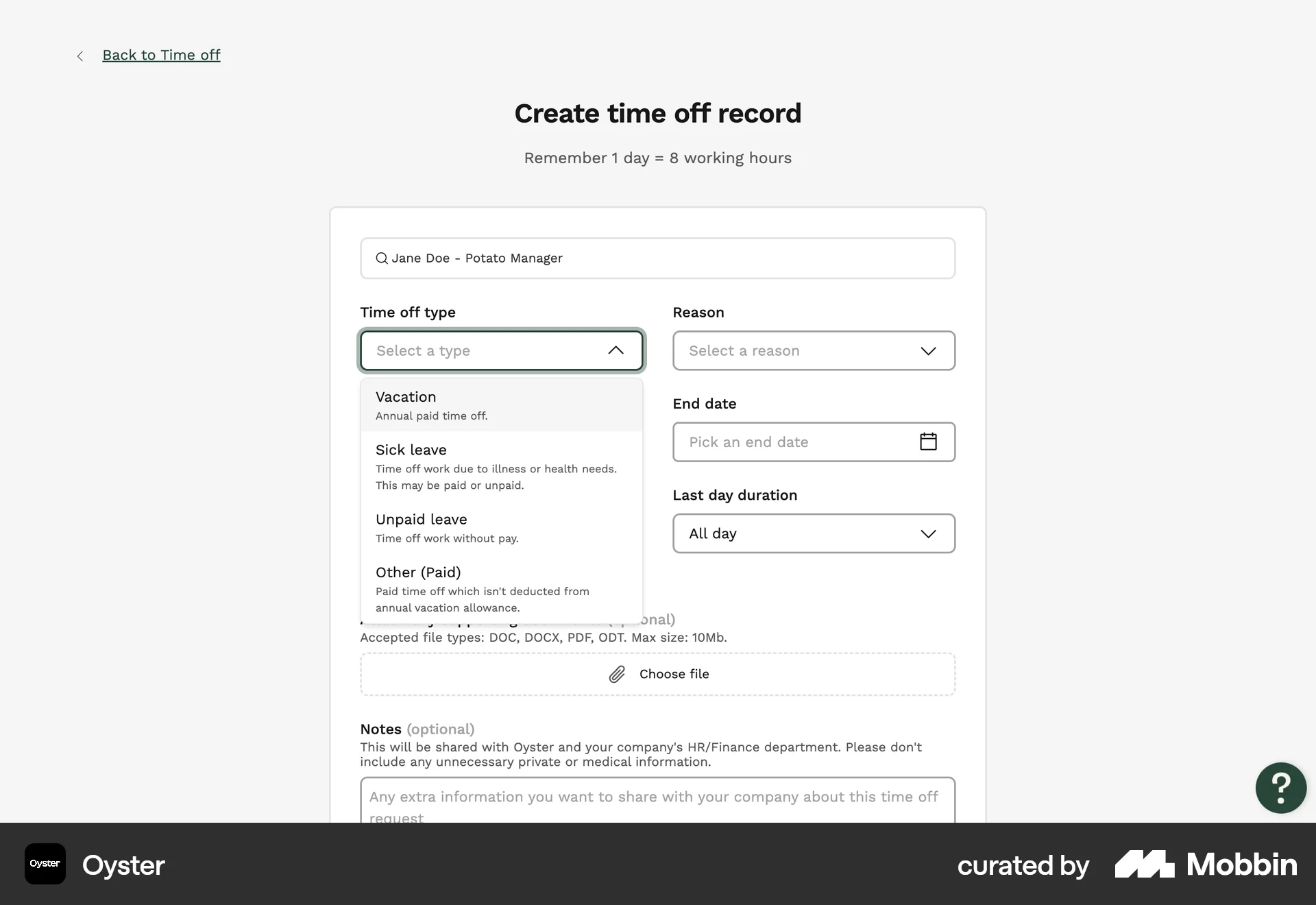 Oyster Web Web Form UI screen