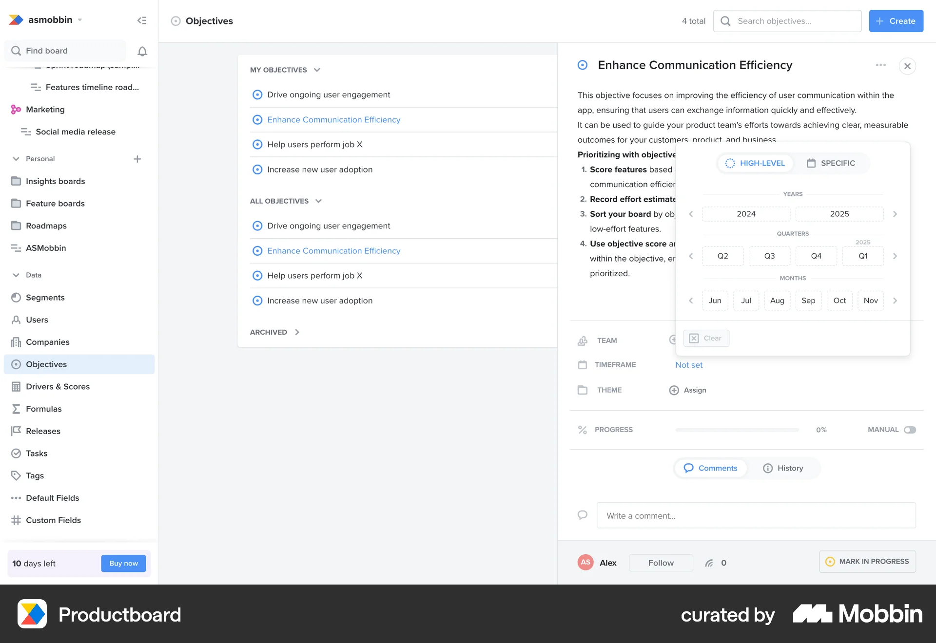 Productboard Web screen containing Date Picker UI element