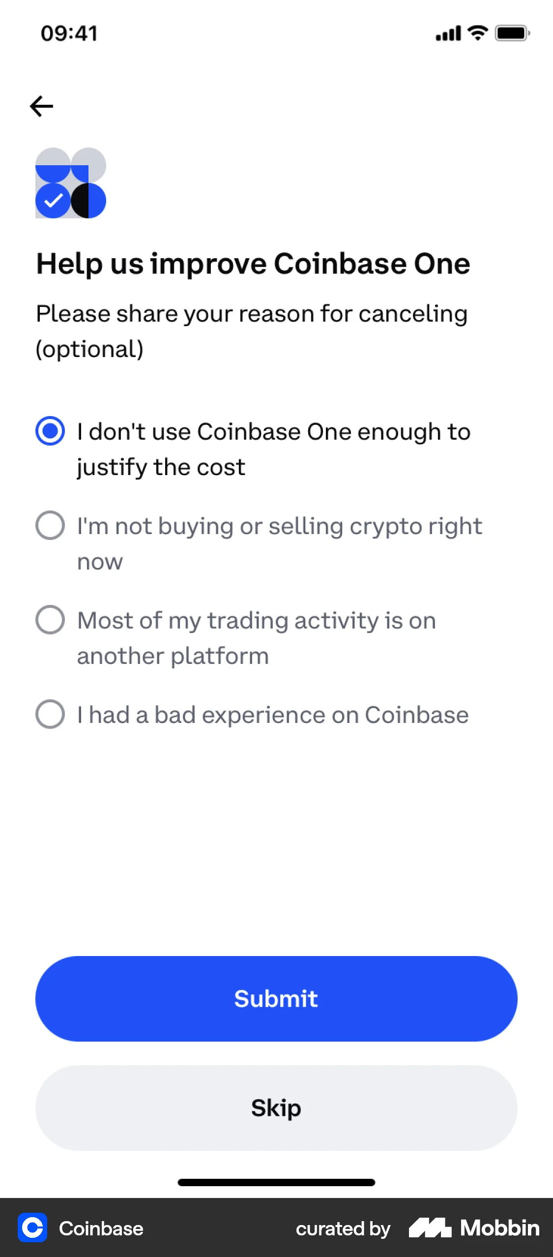 Coinbase iOS screen containing Radio Button UI element