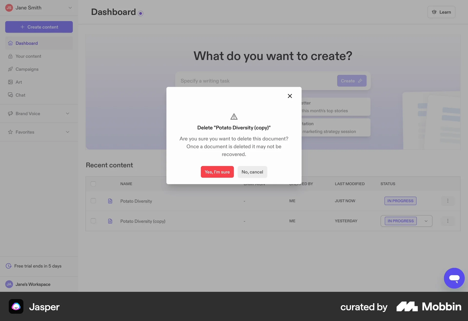 Jasper Web Confirmation screen