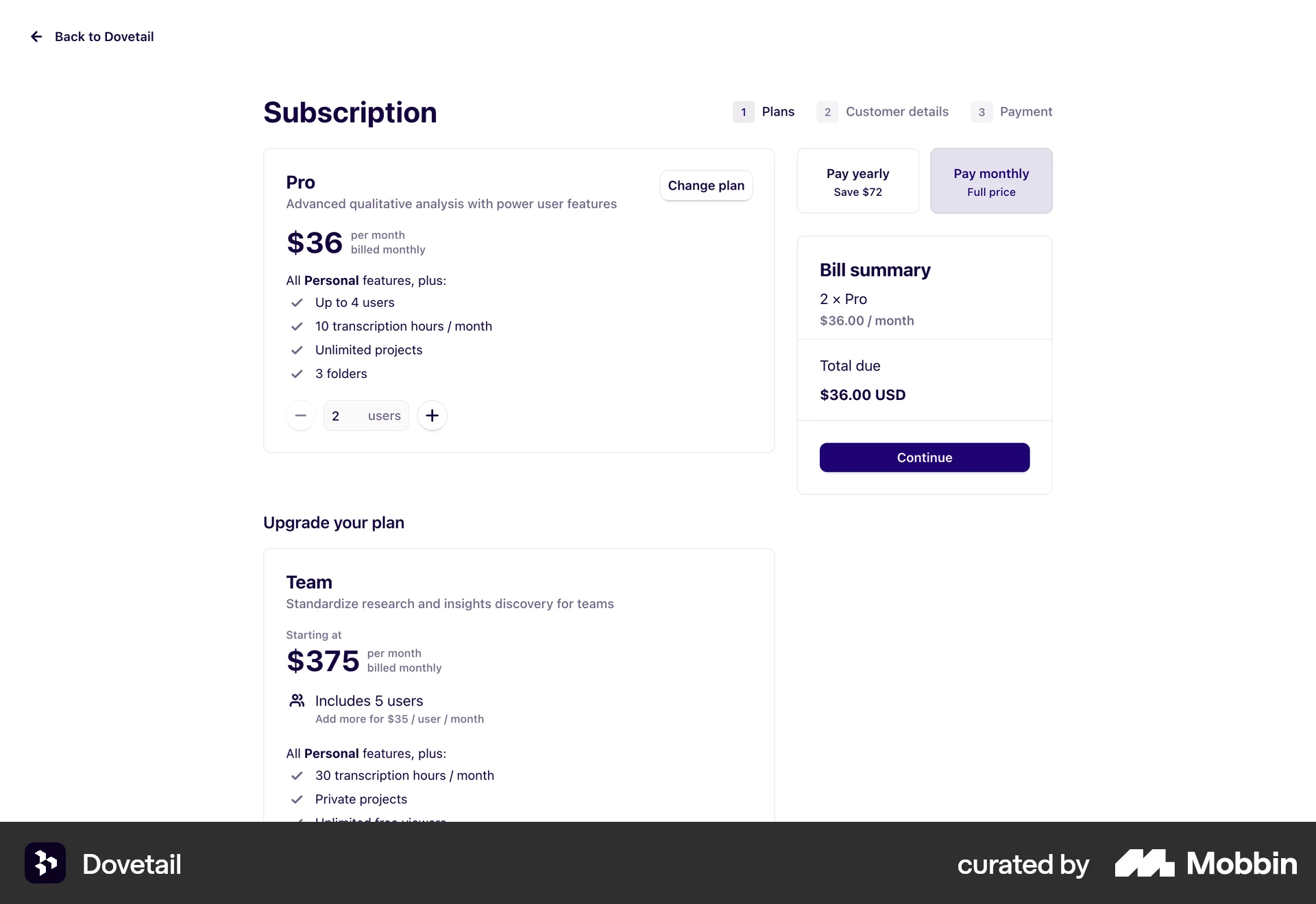 Dovetail Web Checkout screen