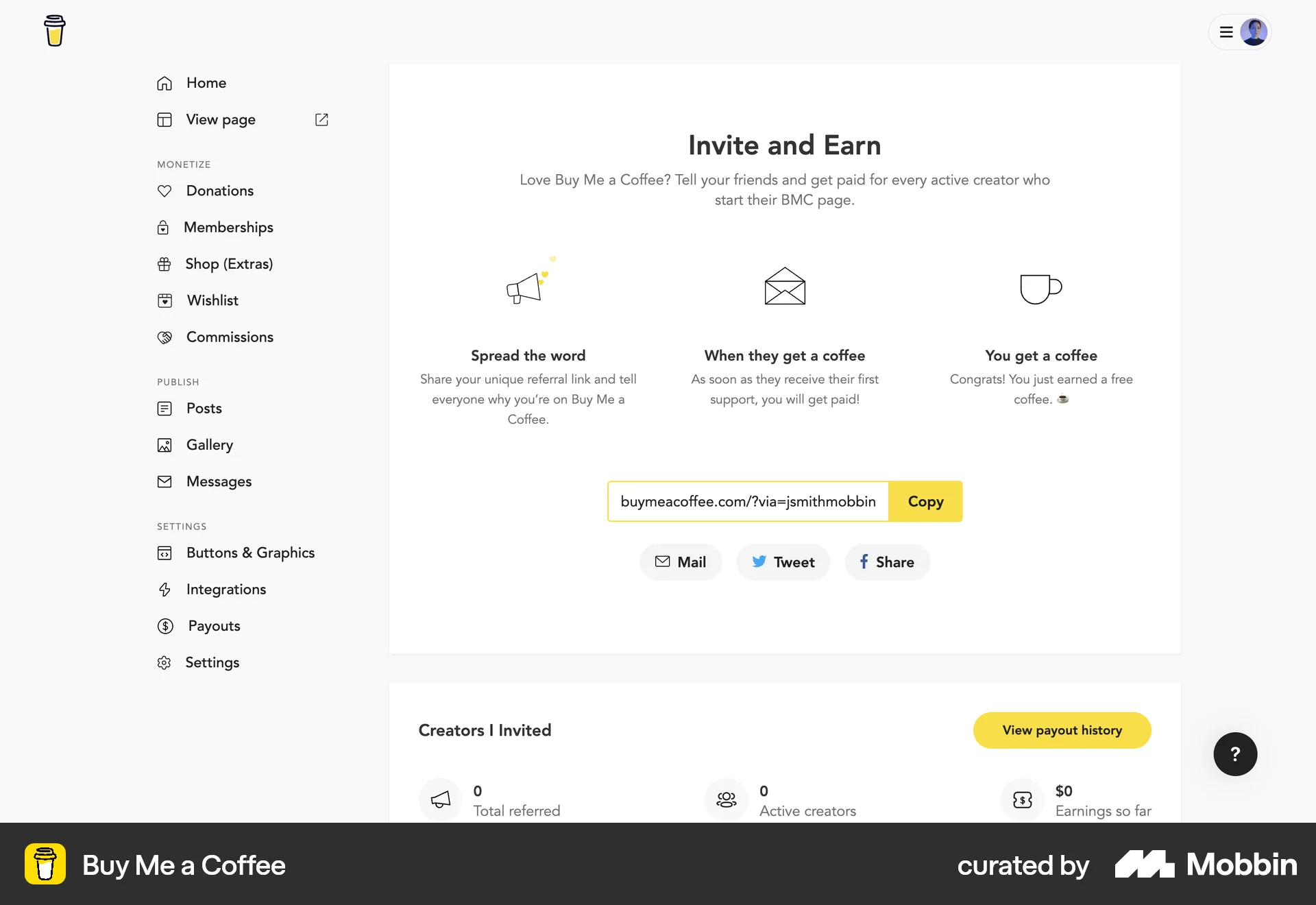 Buy Me a Coffee Web Invite & Refer Friends screen