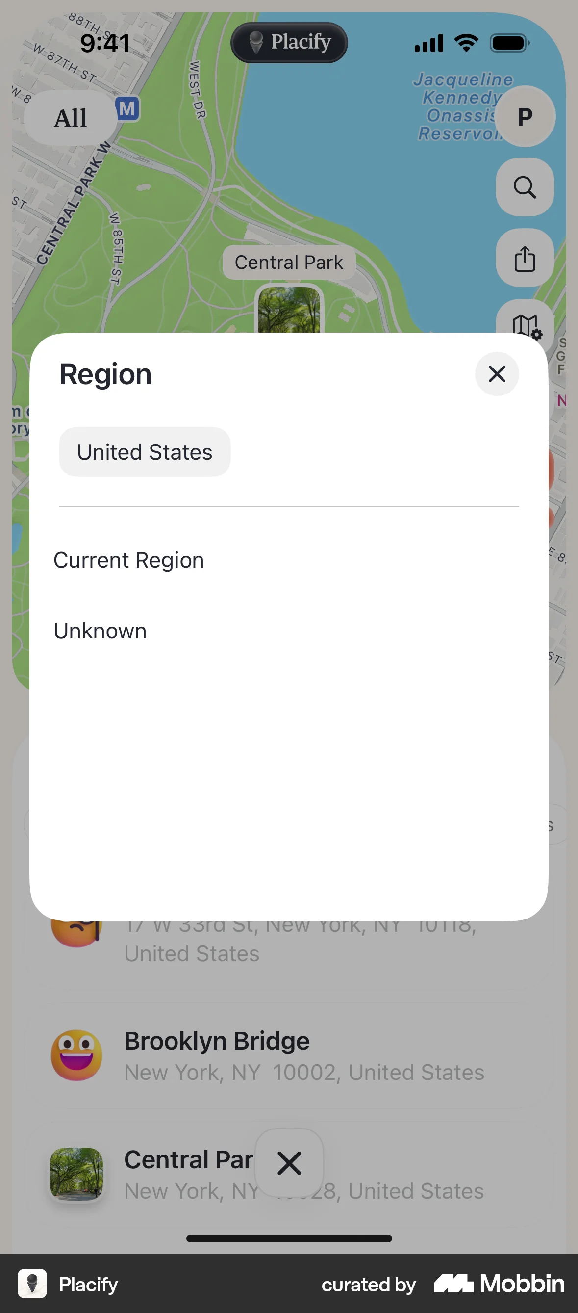 Placify iOS screen containing Dialog UI element