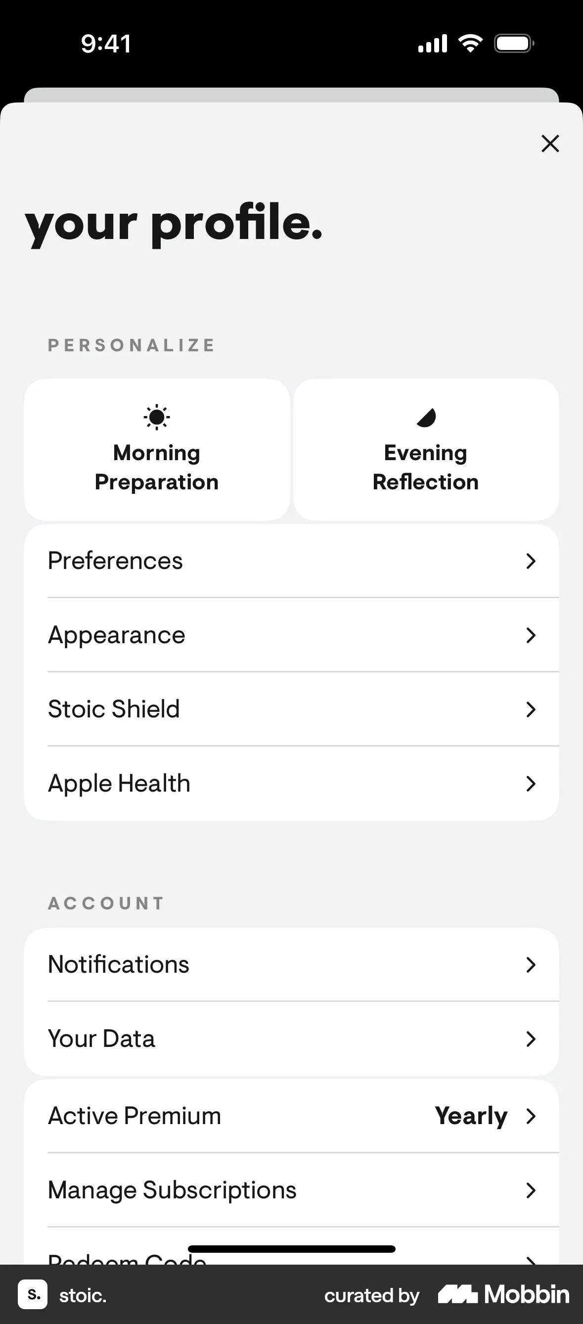 stoic. iOS Settings & Preferences screen