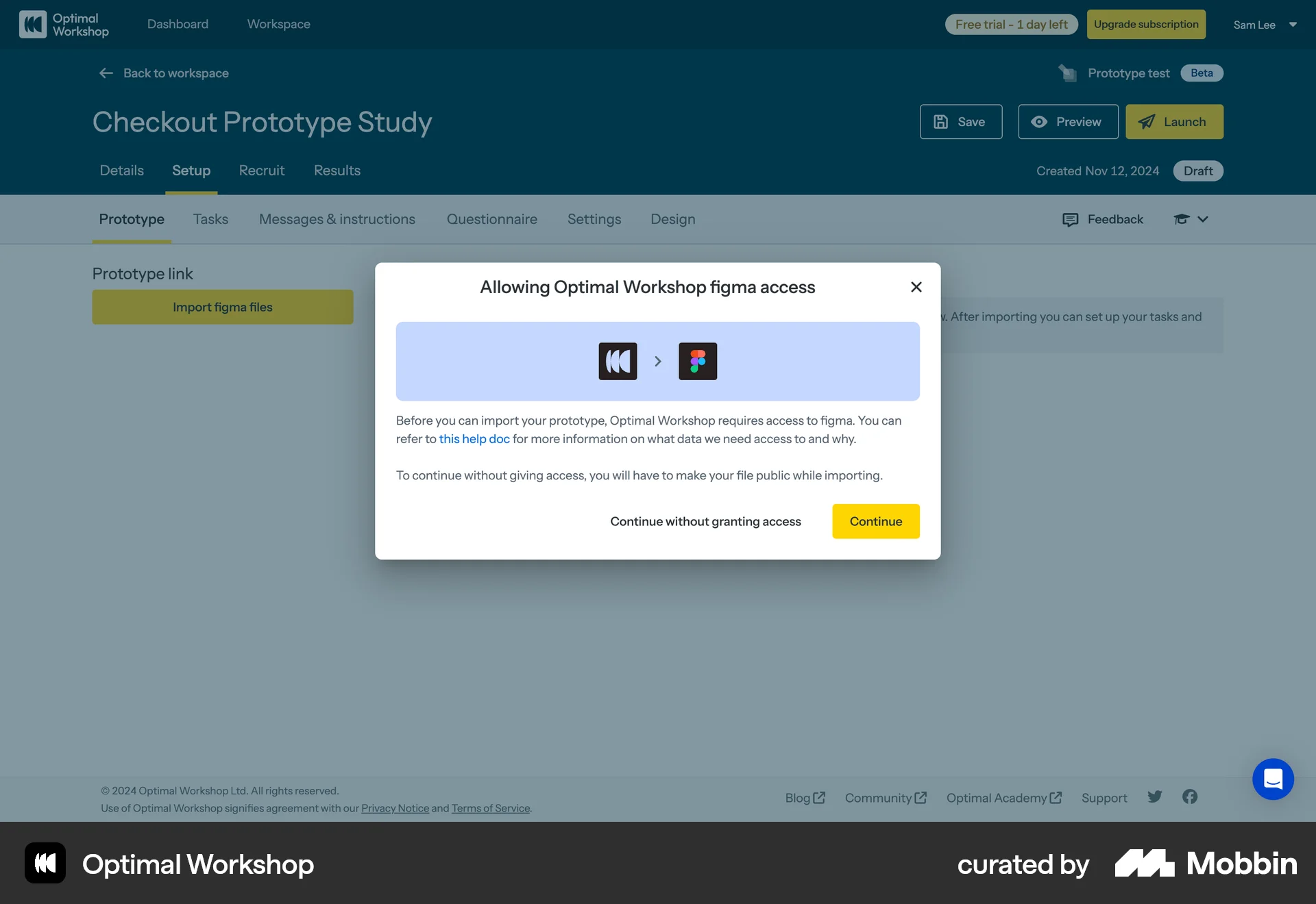 Optimal Workshop Web Permission screen
