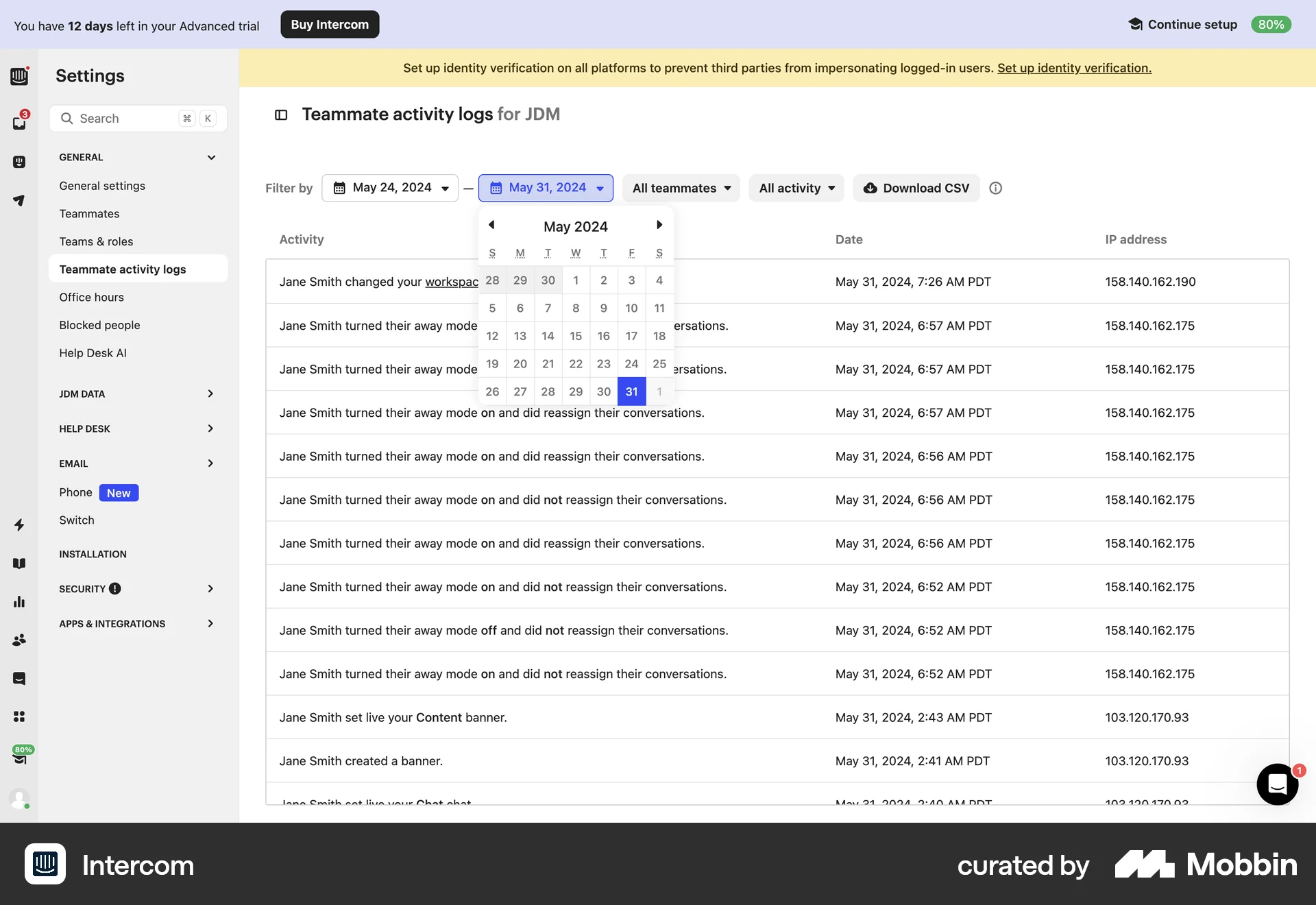Intercom Web Calendar screen
