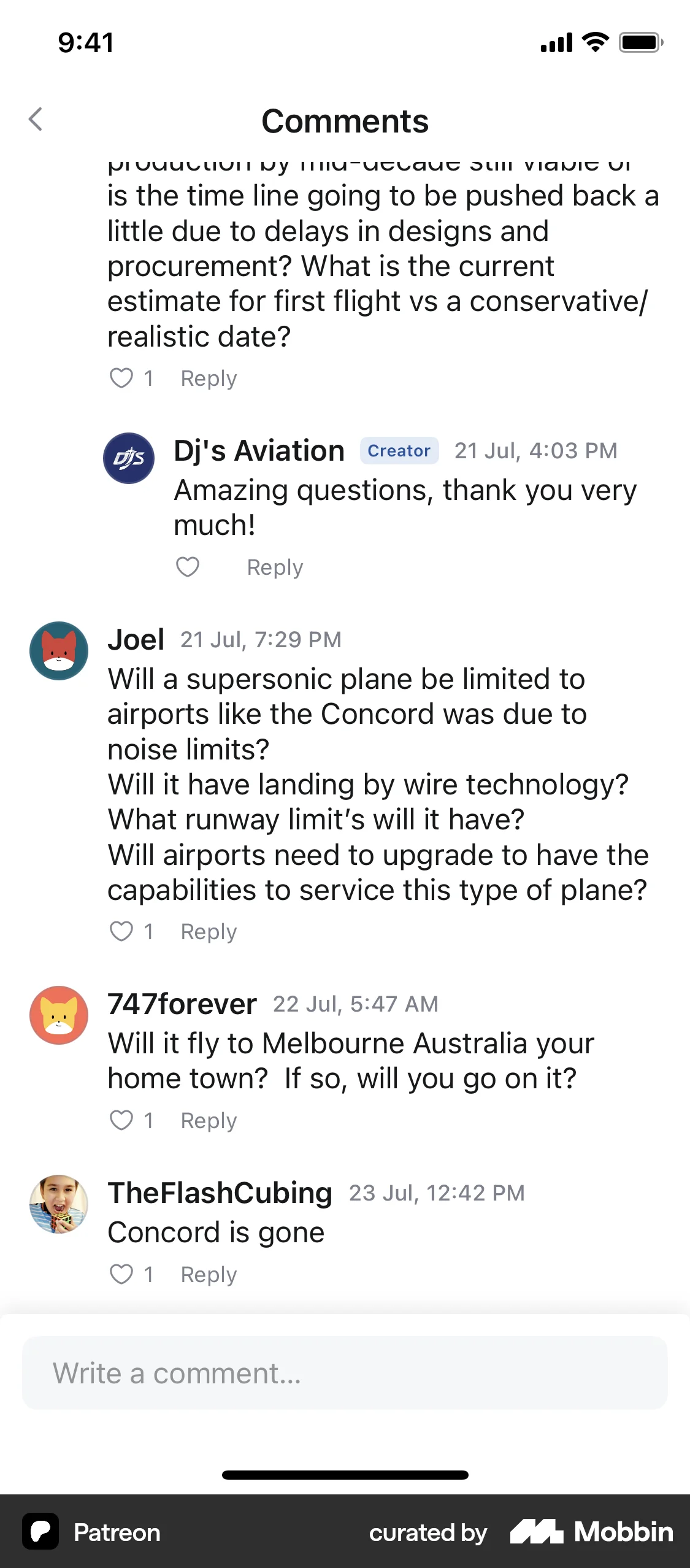 Patreon iOS Comments screen