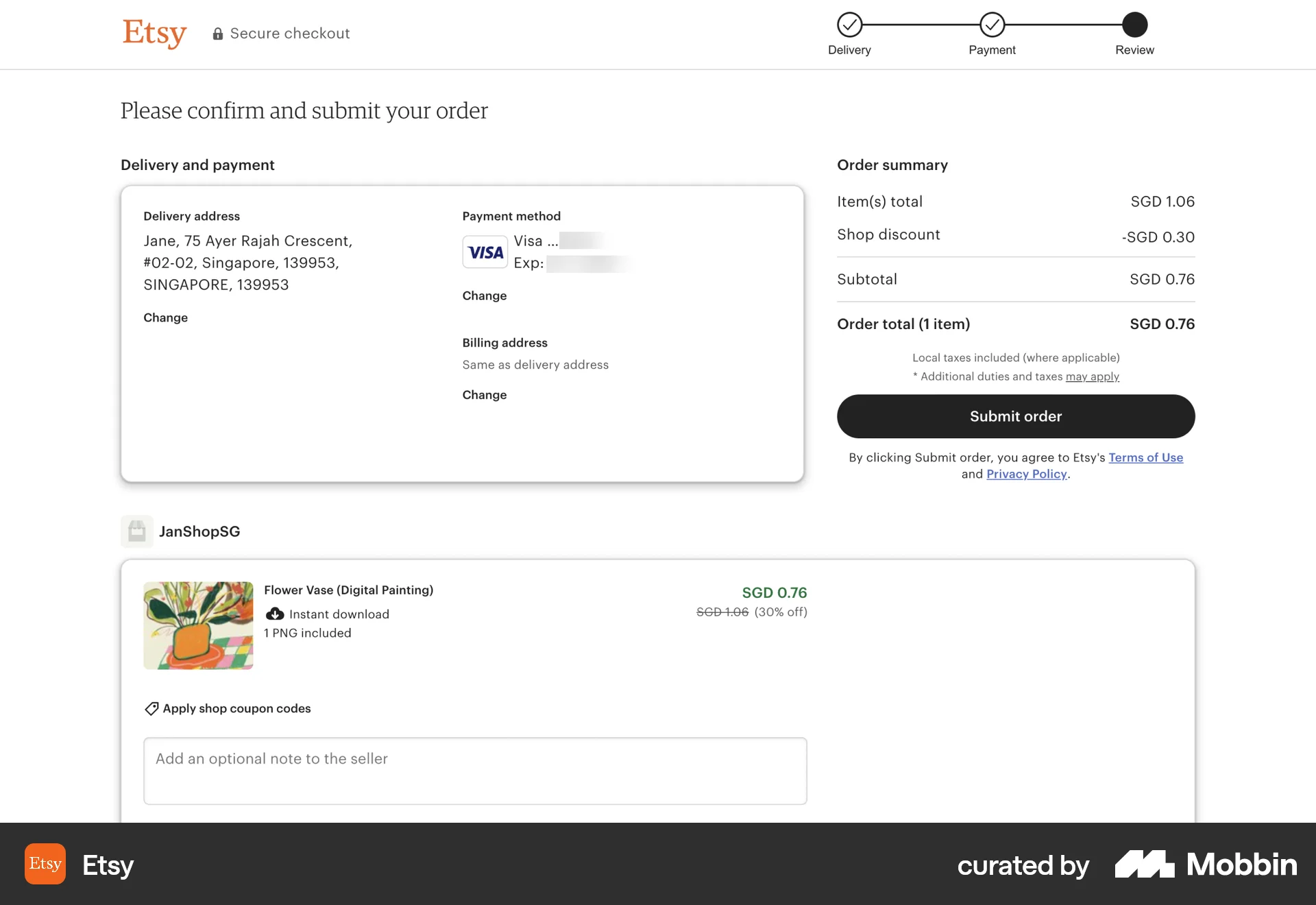 Etsy Web Checkout screen