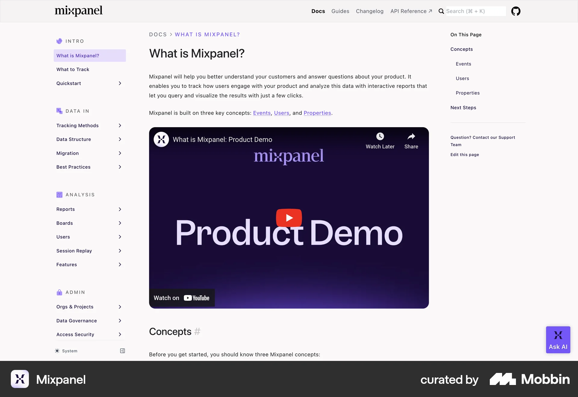 Mixpanel Web screen containing Table of Contents UI element