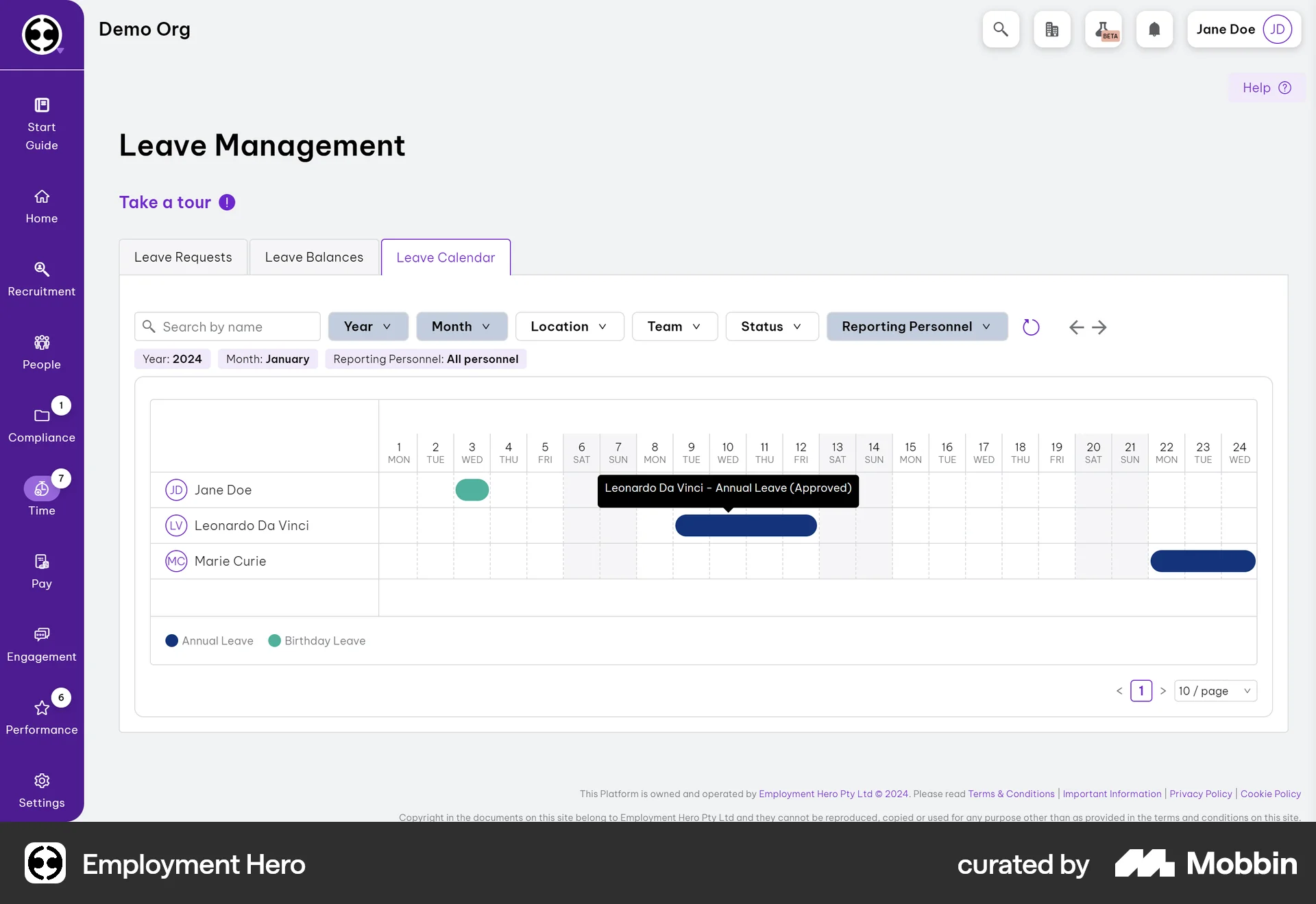 Employment Hero Web Calendar screen