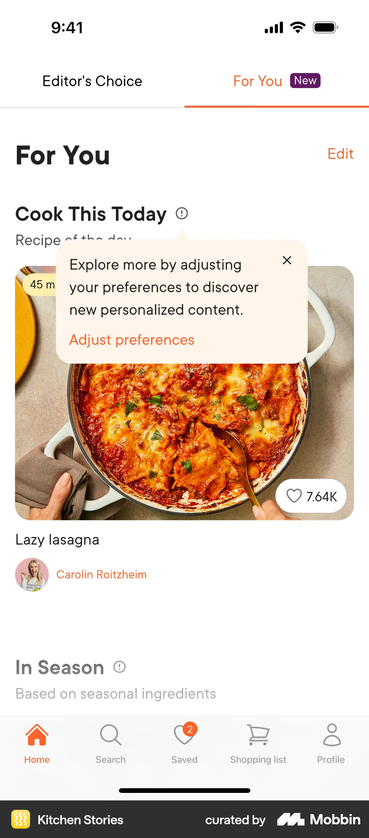Kitchen Stories iOS screen containing Tooltip UI element