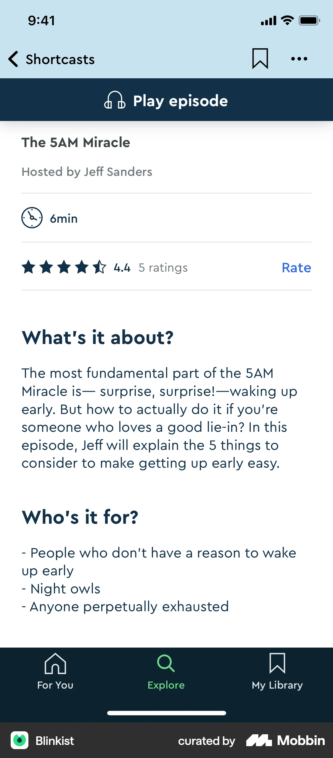 Blinkist iOS Song & Podcast Detail screen