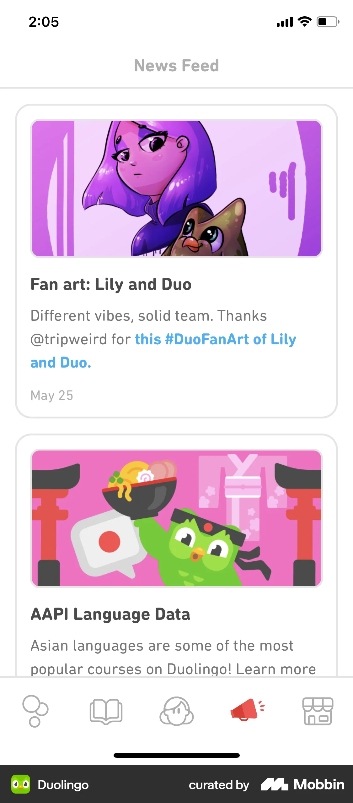 Duolingo iOS News Feed screen
