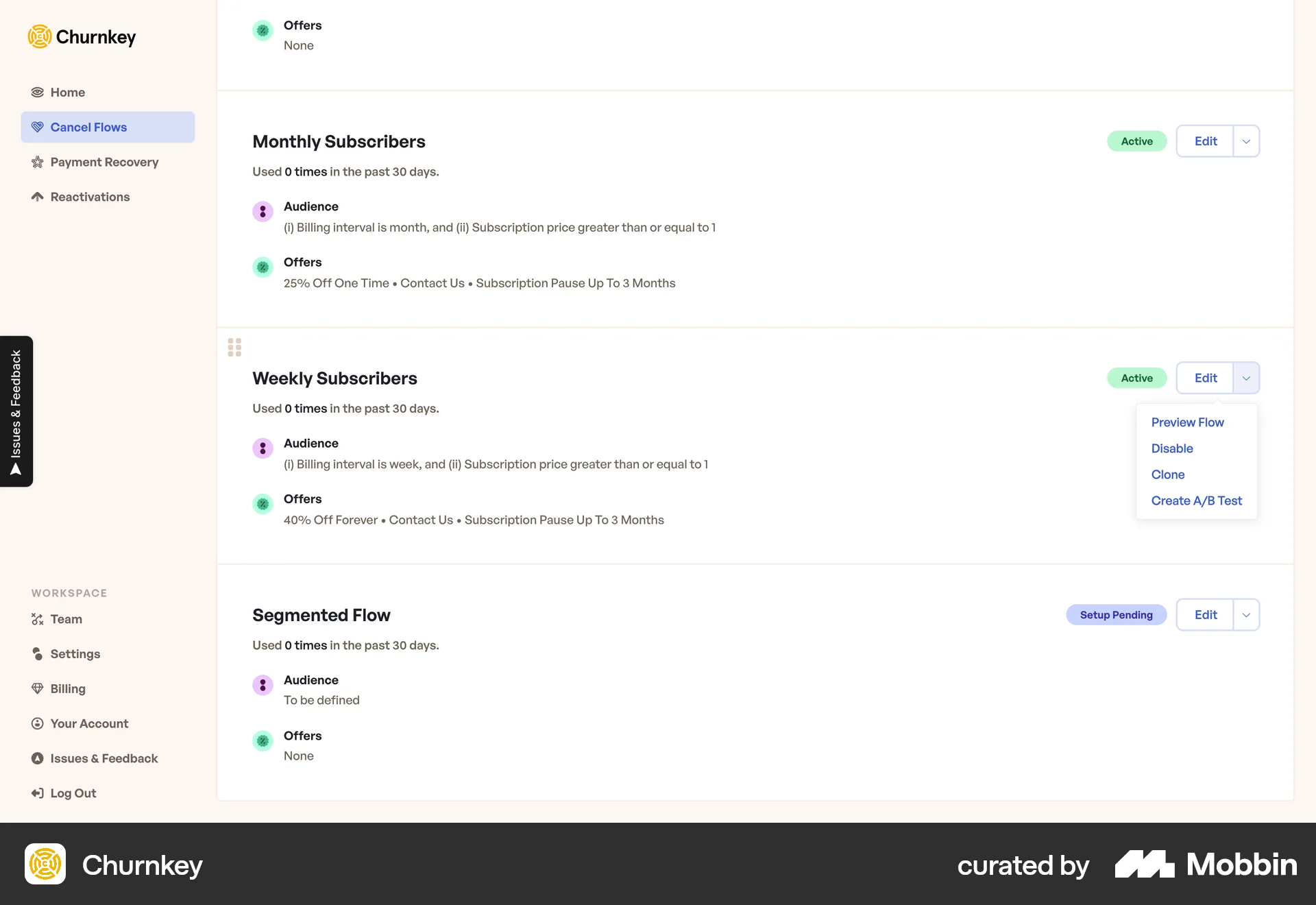 Churnkey Web screen containing Dropdown Menu UI element