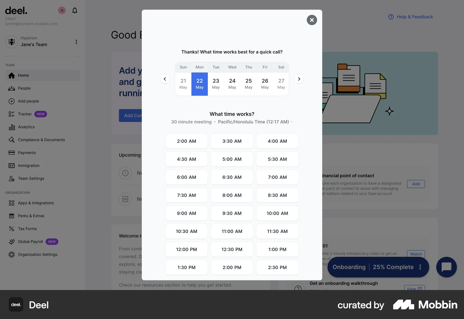 Deel Web screen containing Time Picker UI element