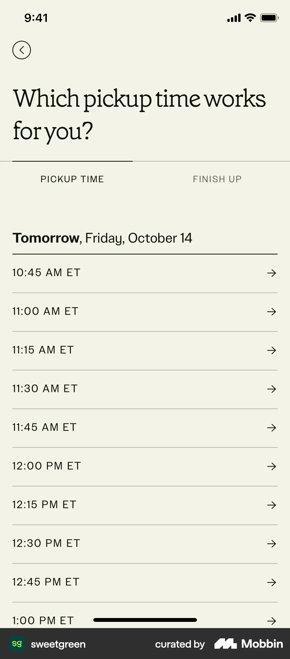 sweetgreen iOS screen containing Time Picker UI element