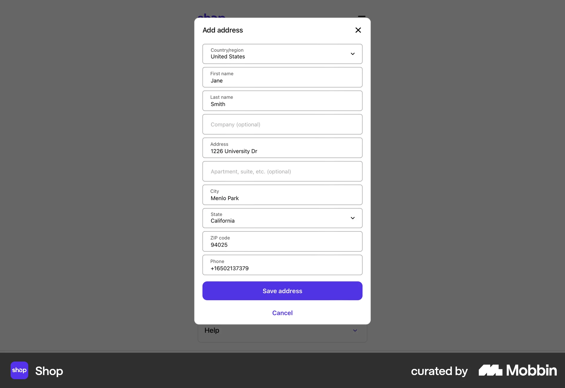 Shop Web screen containing Dialog UI element