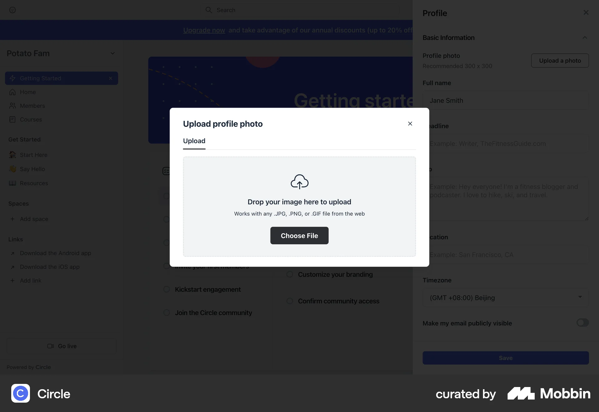 Circle Web screen containing File Upload UI element