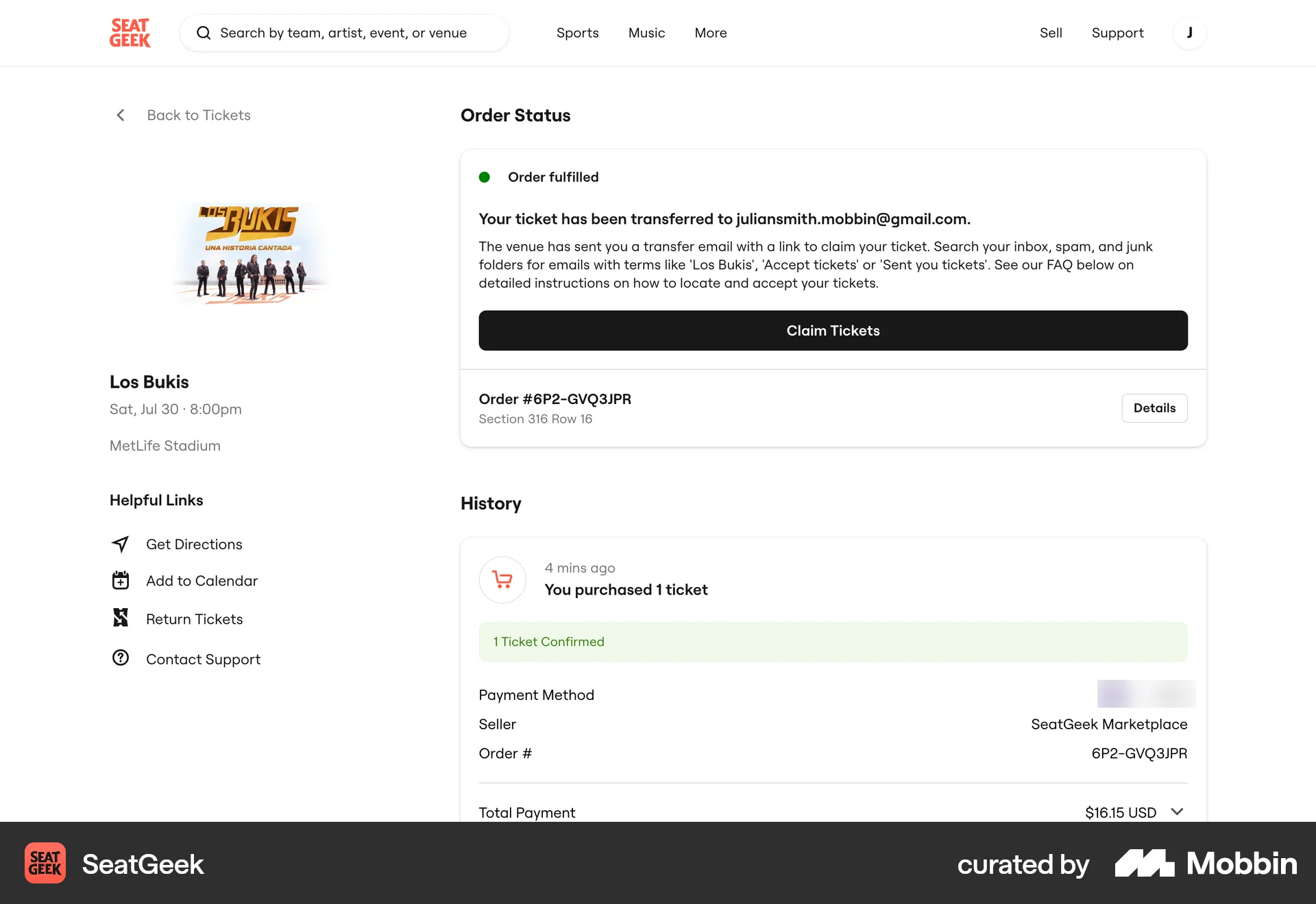SeatGeek Web Order Detail screen