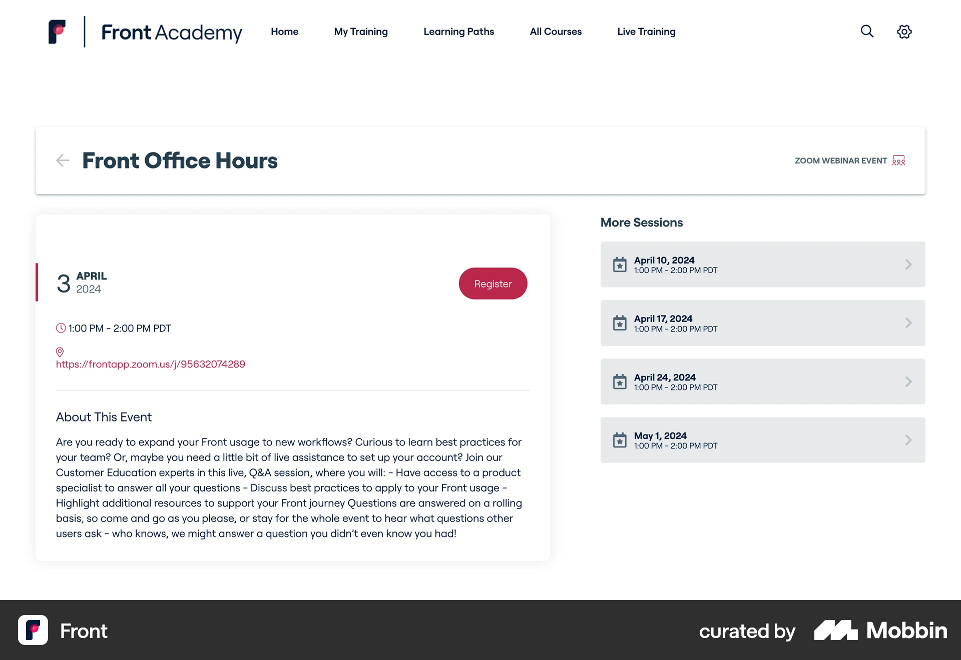 Front Web Event Detail screen
