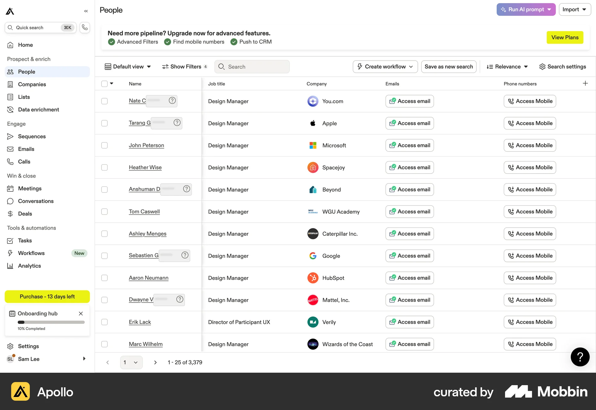 Apollo Web screen containing Table UI element