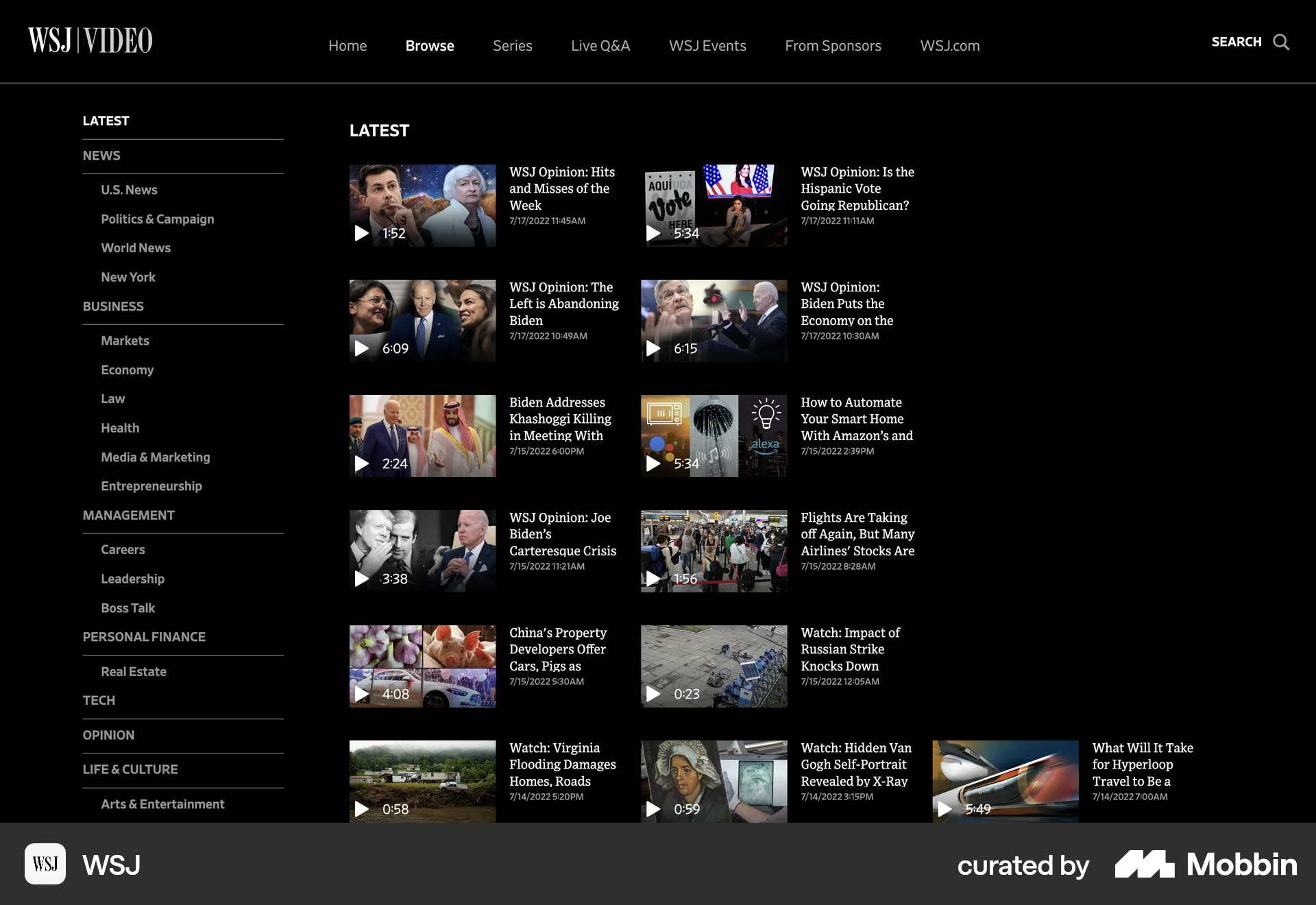 WSJ Web screen containing Side Navigation UI element
