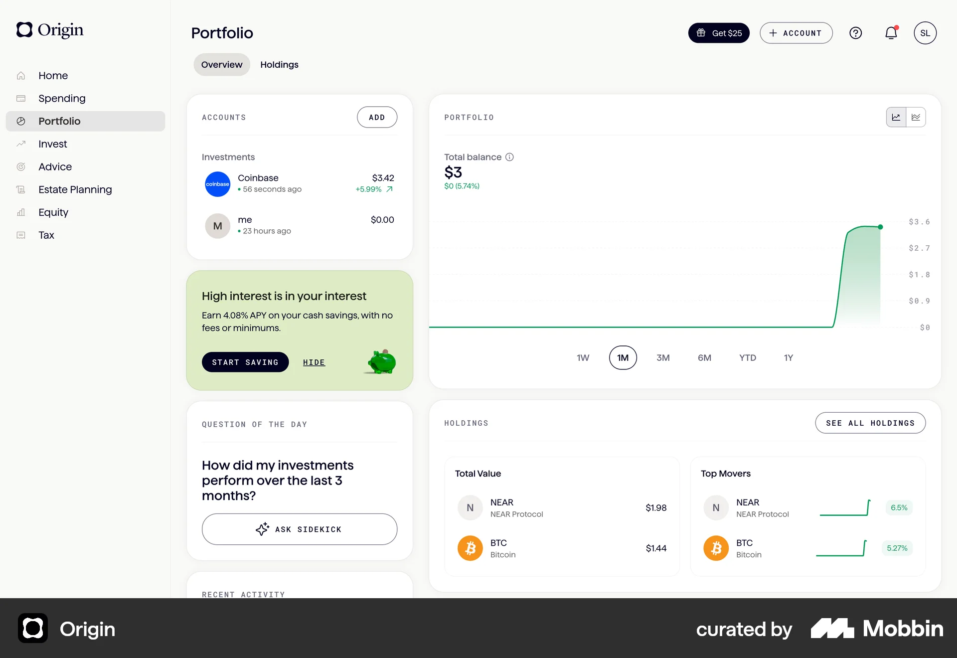 Origin Web Wallet & Balance screen