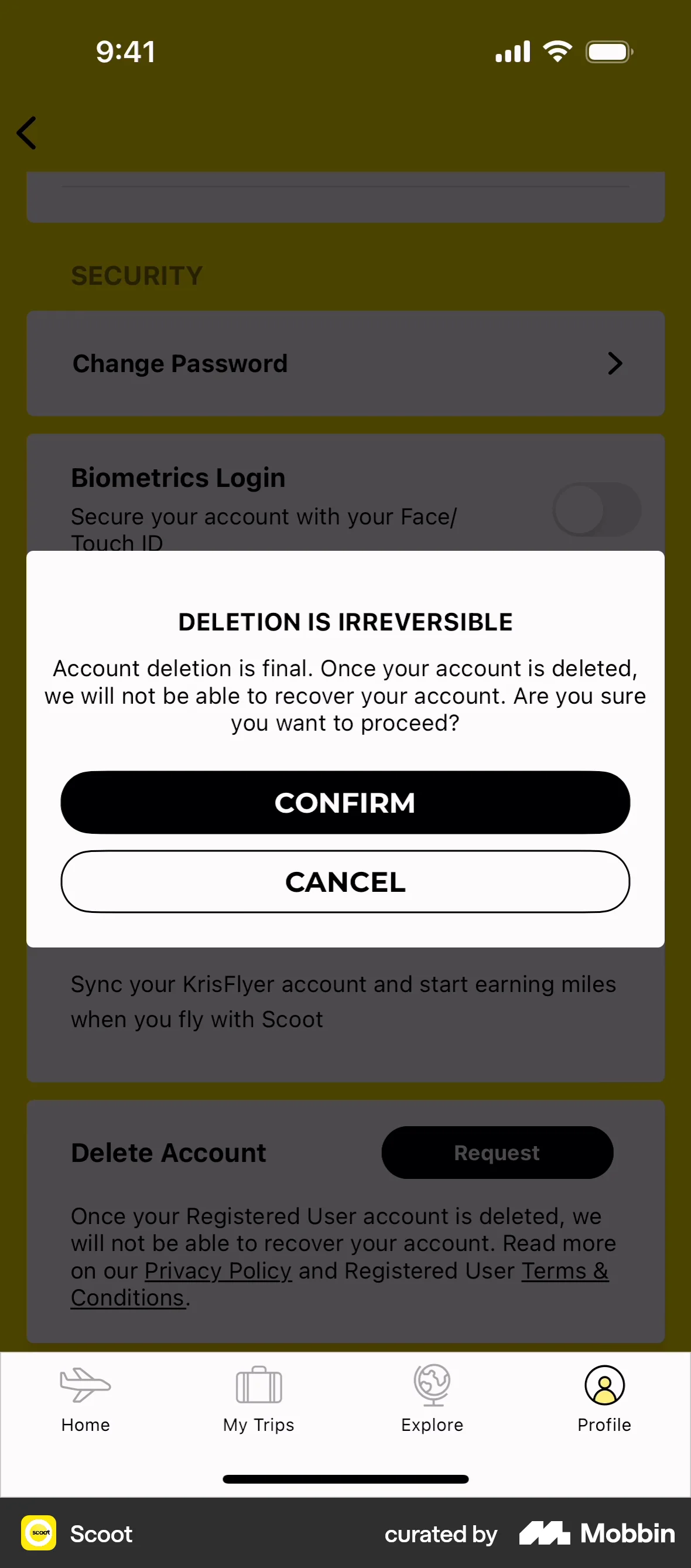 Scoot iOS Delete & Deactivate Account screen