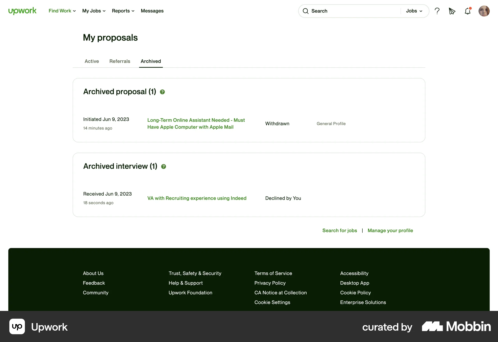 Upwork Web Trash & Archive screen