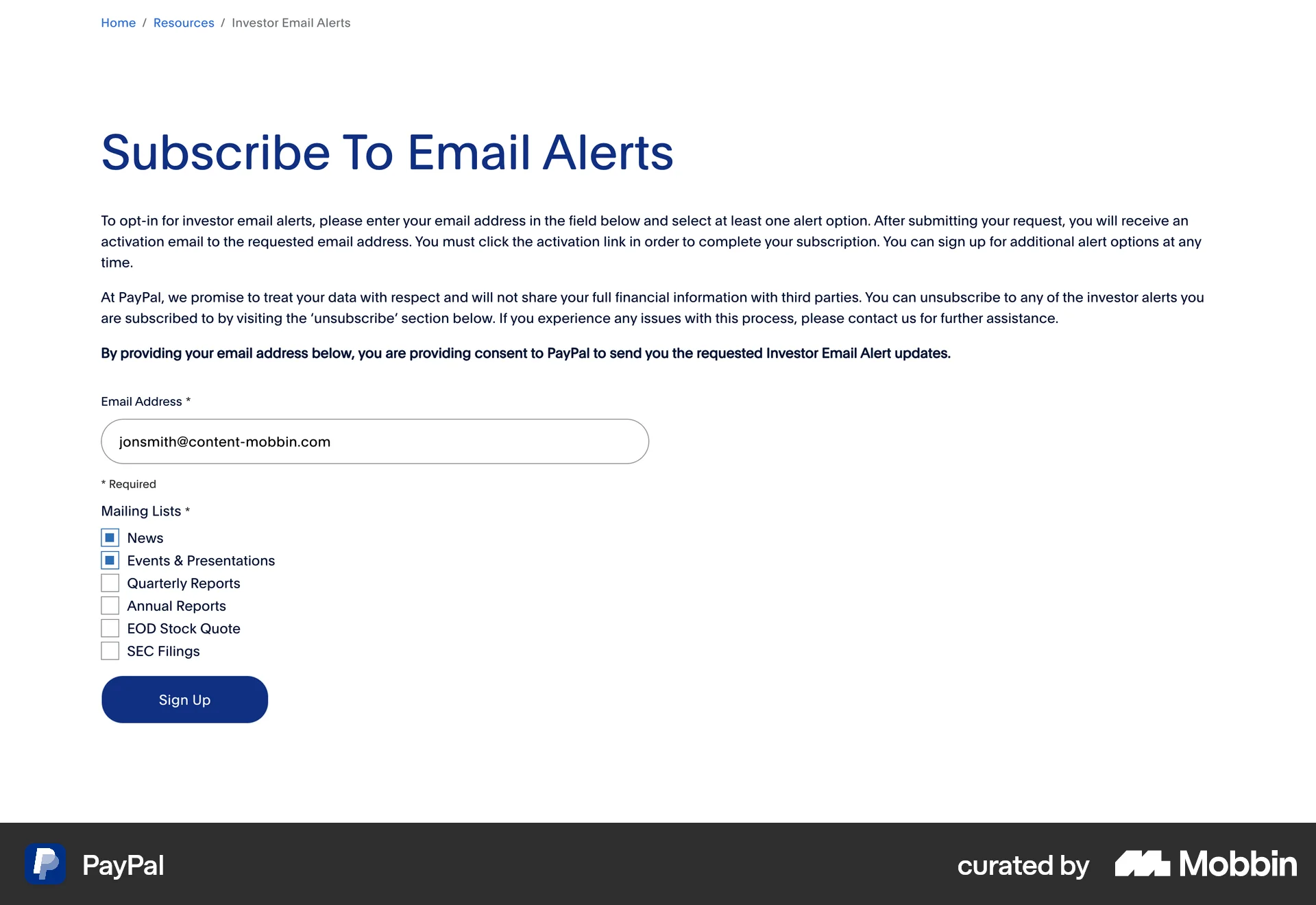 PayPal Web Follow & Subscribe screen