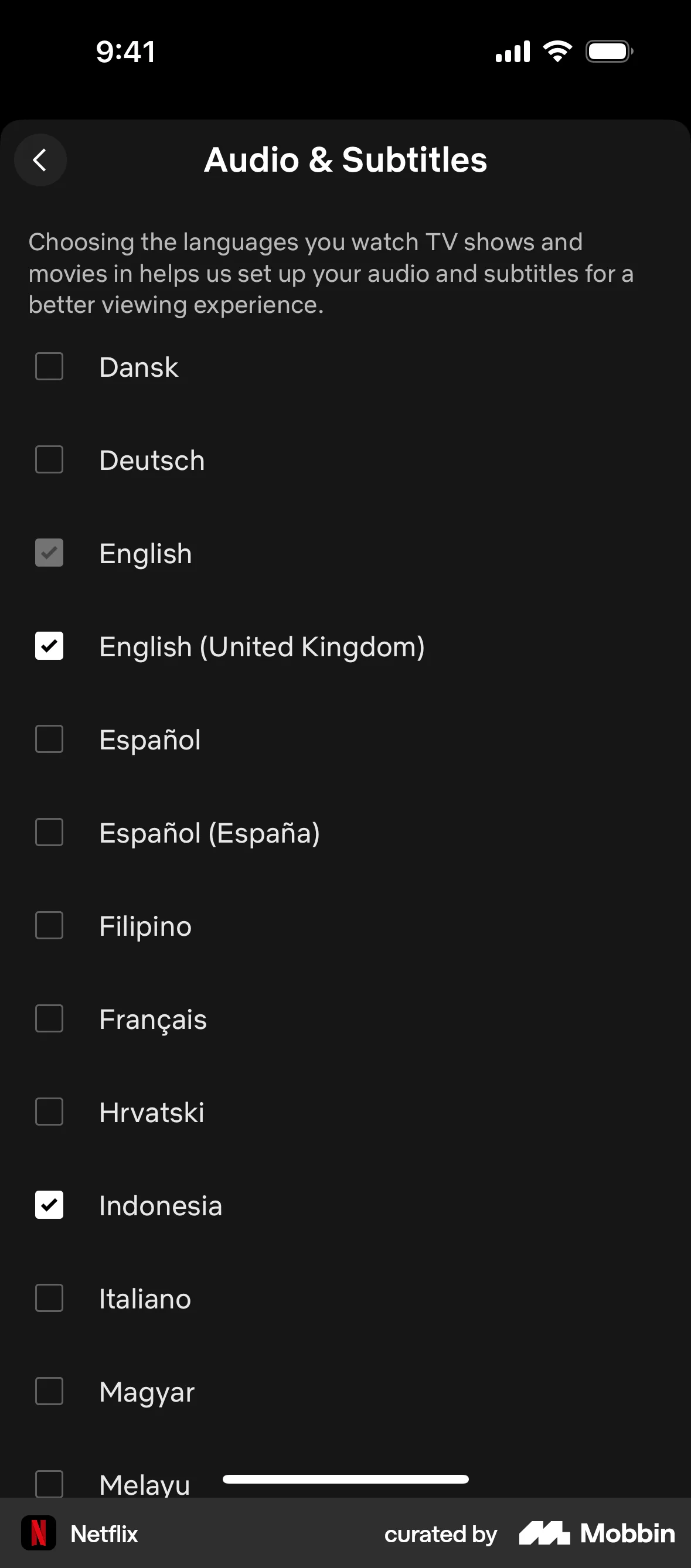 Netflix iOS screen containing Checkbox UI element