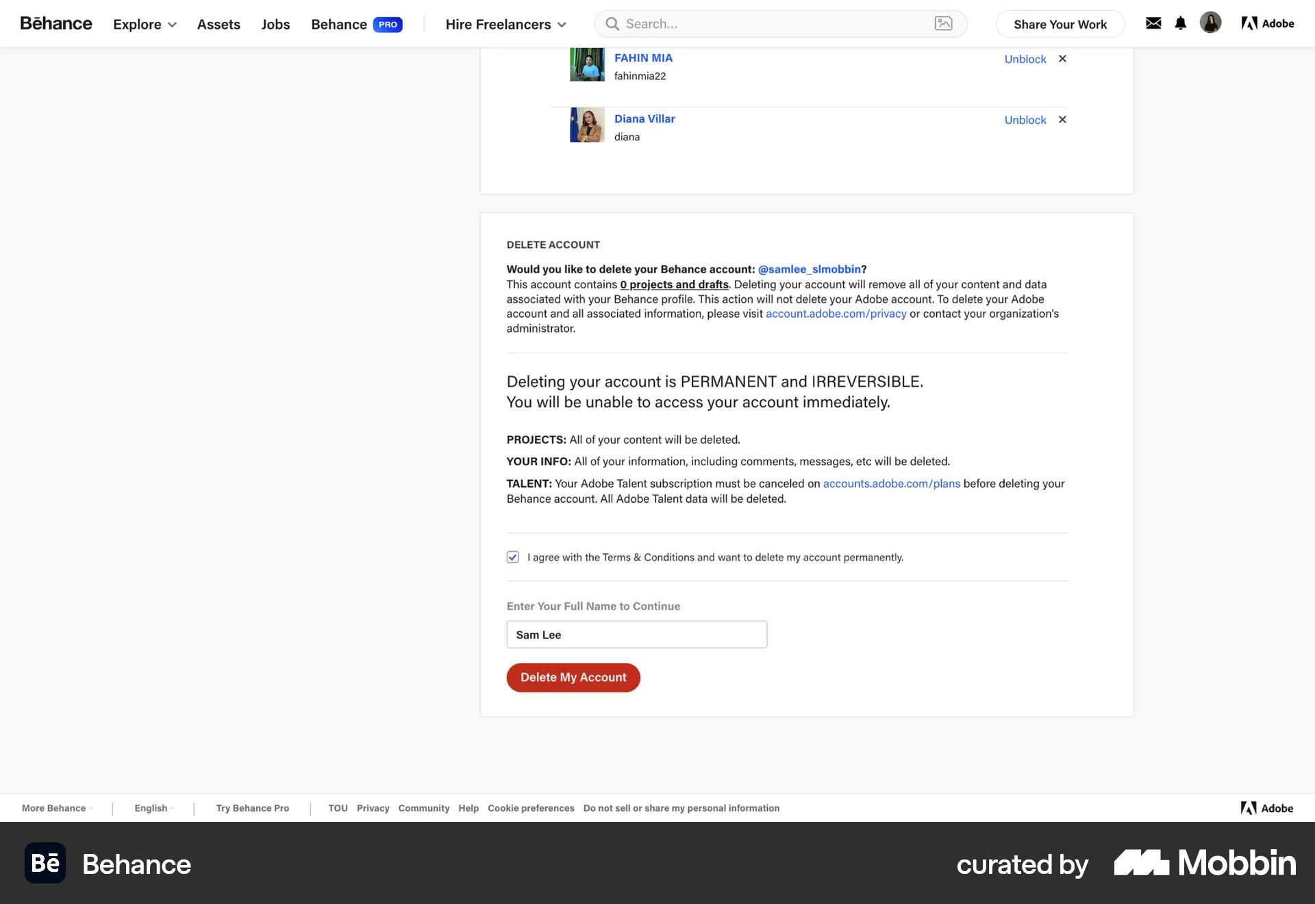 Behance Web Delete & Deactivate Account screen