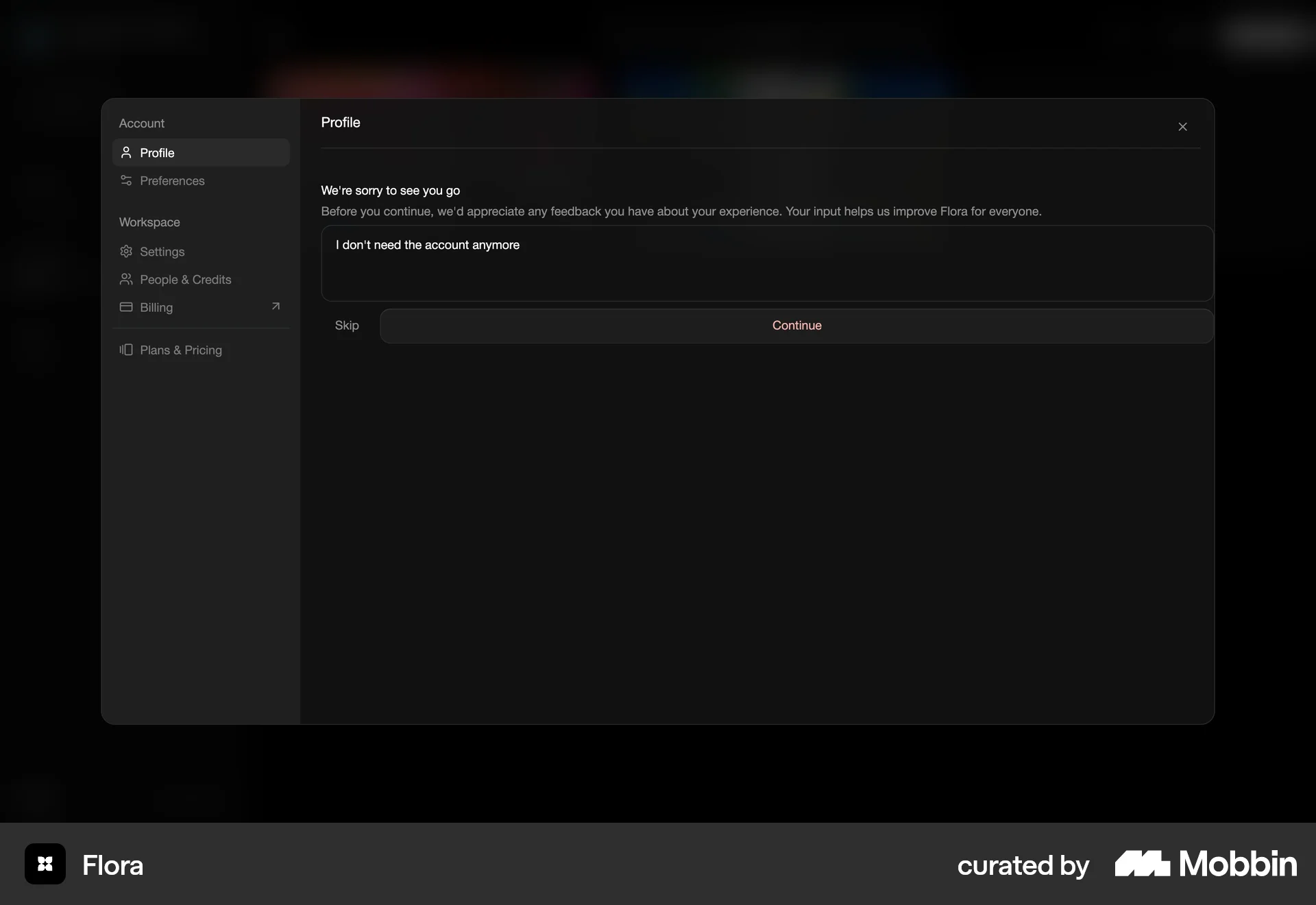 FLORA Web Delete & Deactivate Account screen
