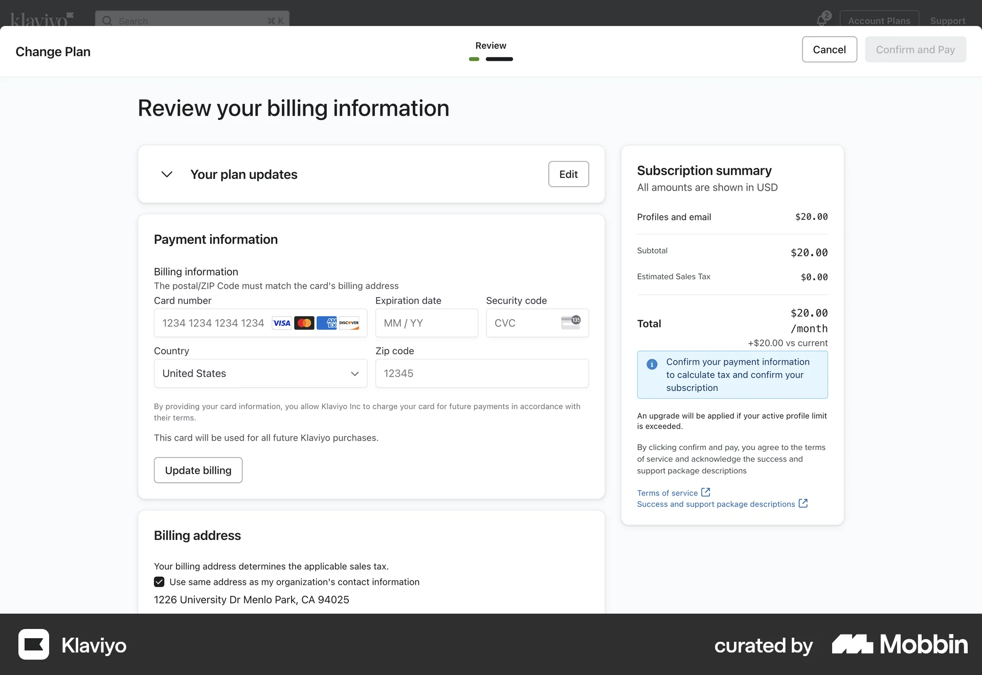 Klaviyo Web Checkout screen
