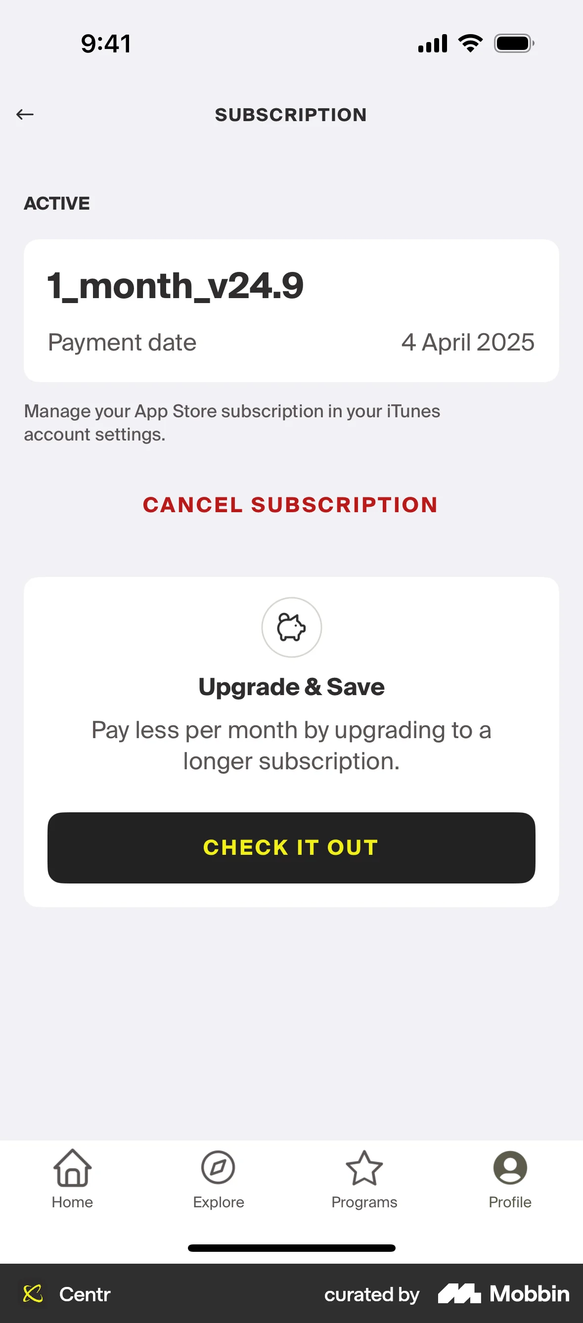 Centr iOS Billing screen