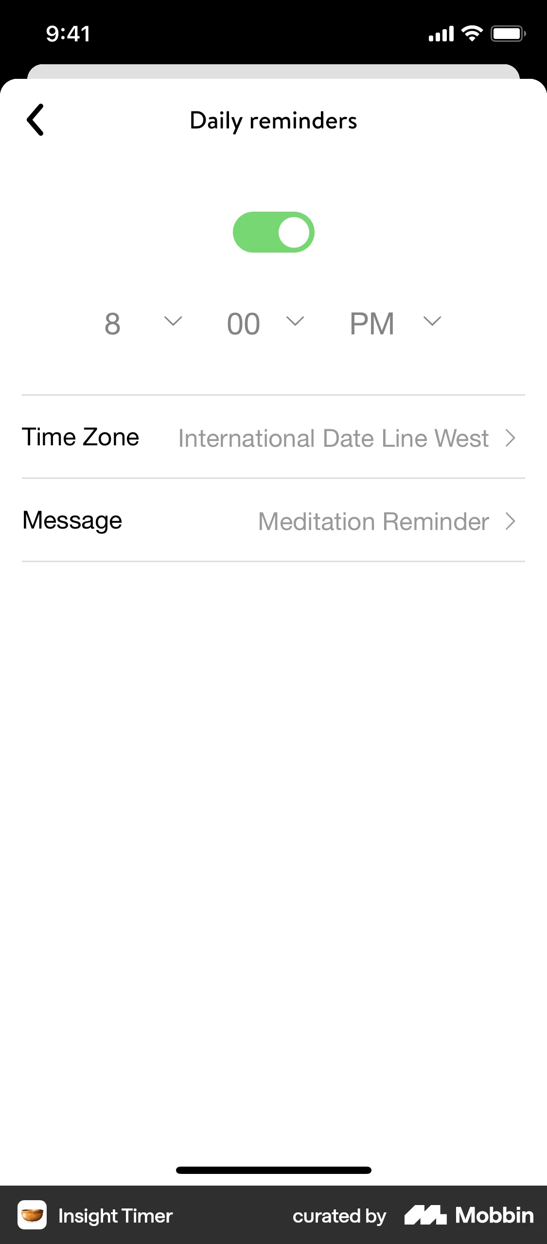 Insight Timer iOS Reminder screen