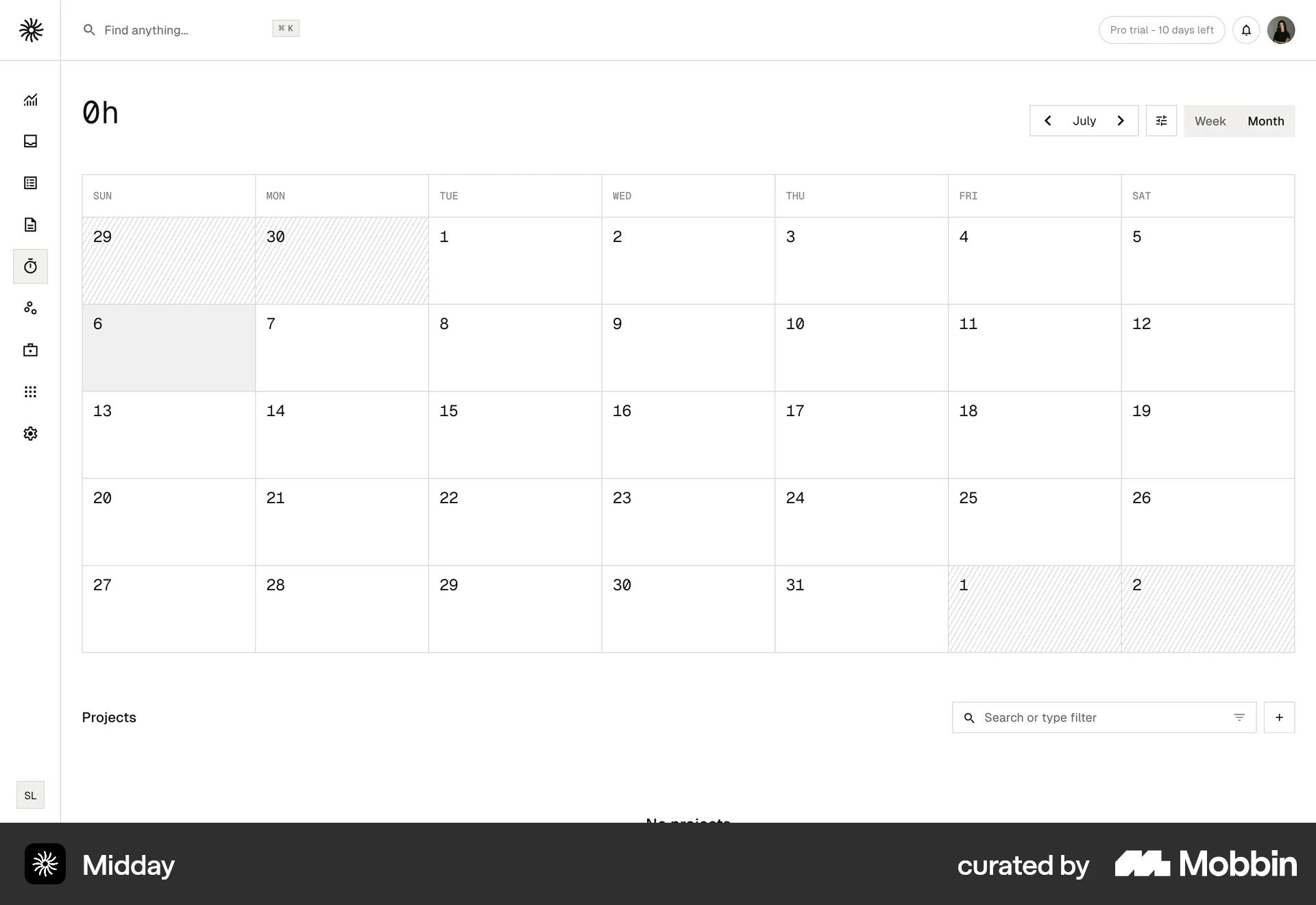 Midday Tracking a project screen