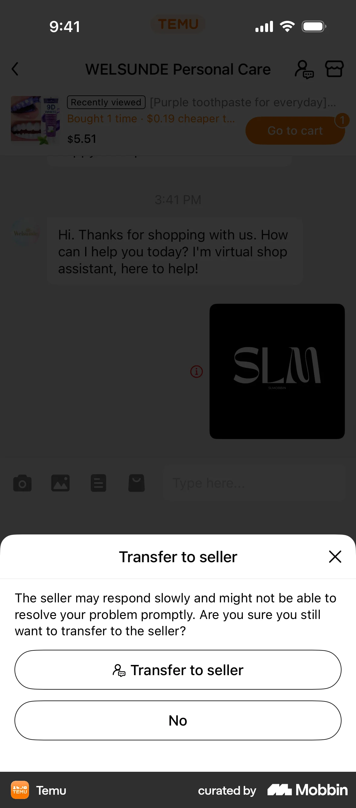 Temu iOS Confirmation screen