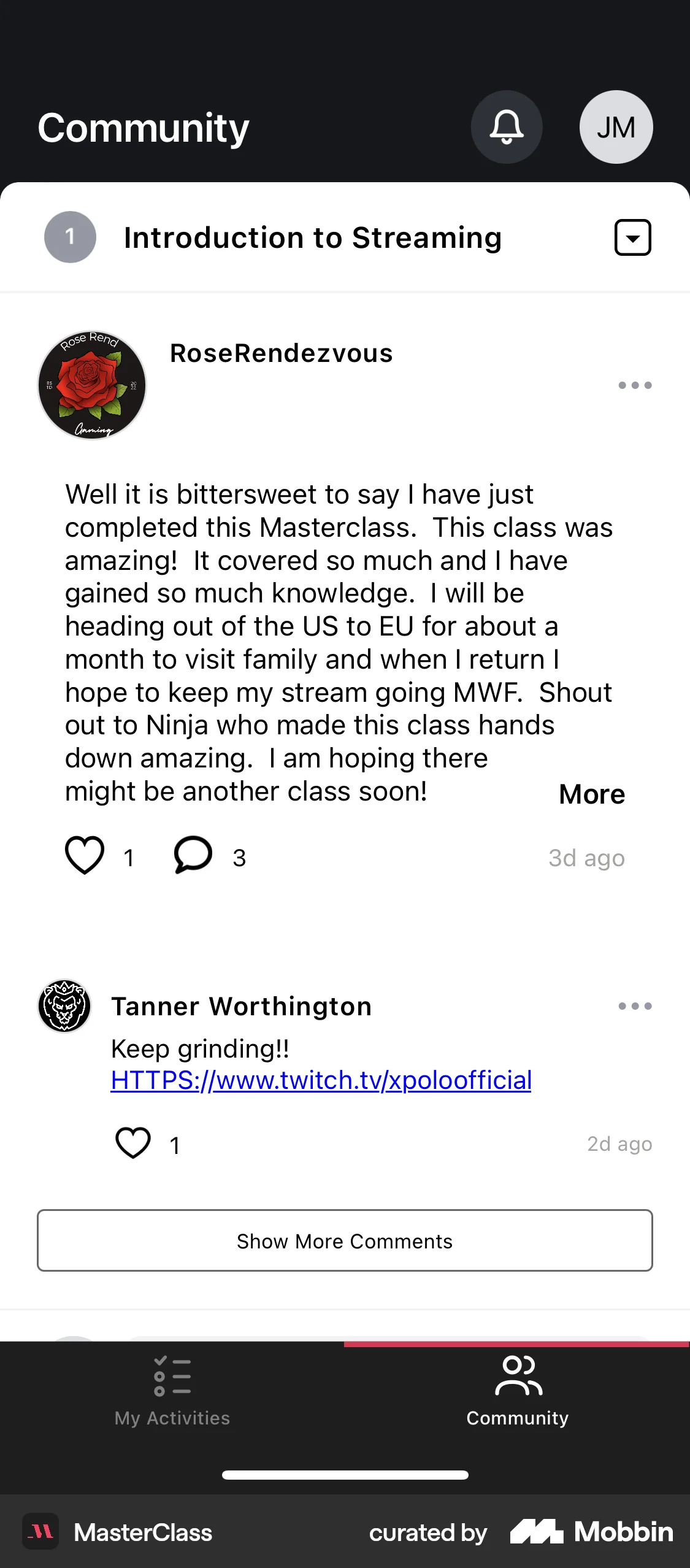 MasterClass iOS Groups & Community screen