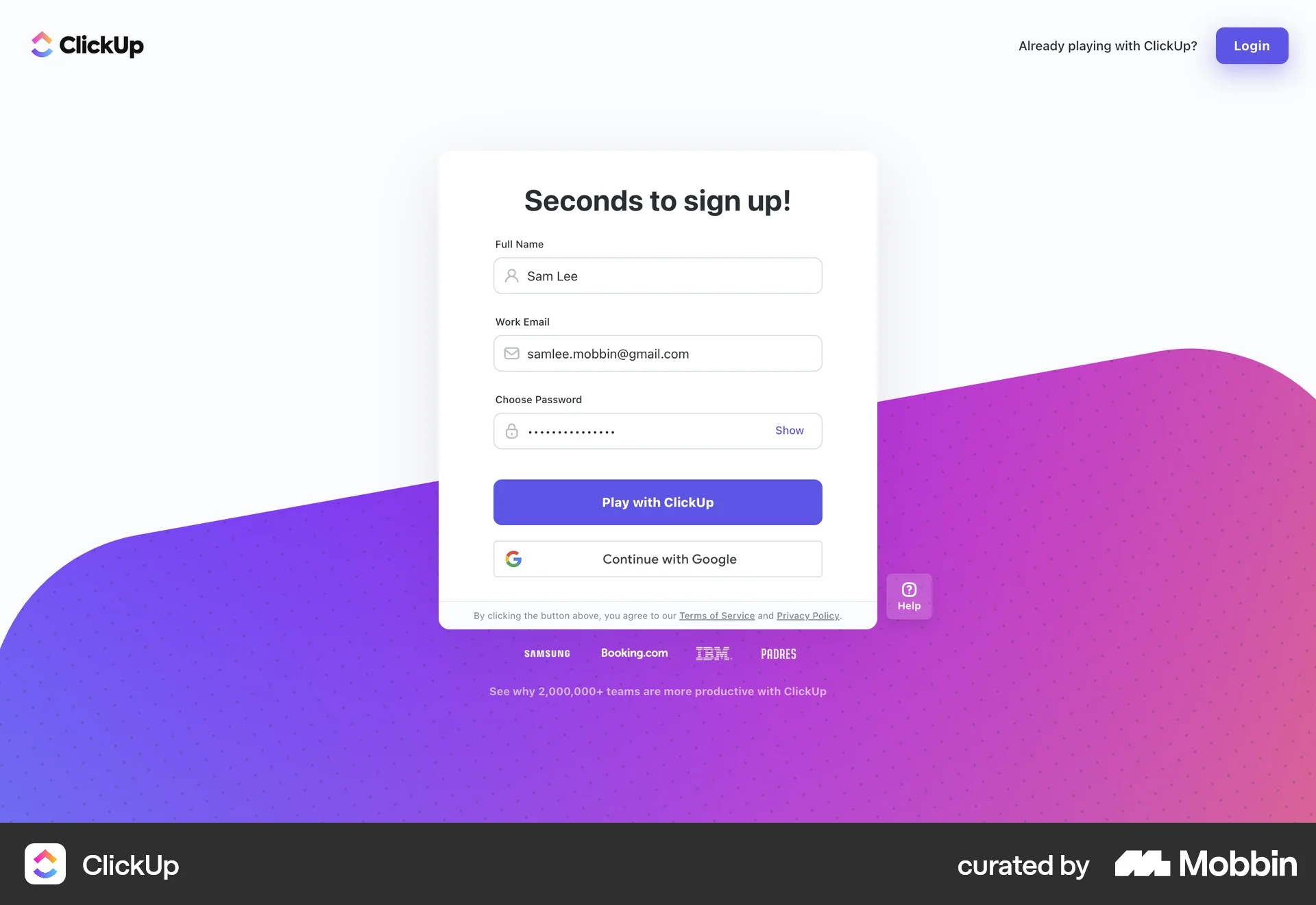 ClickUp Web Signup screen