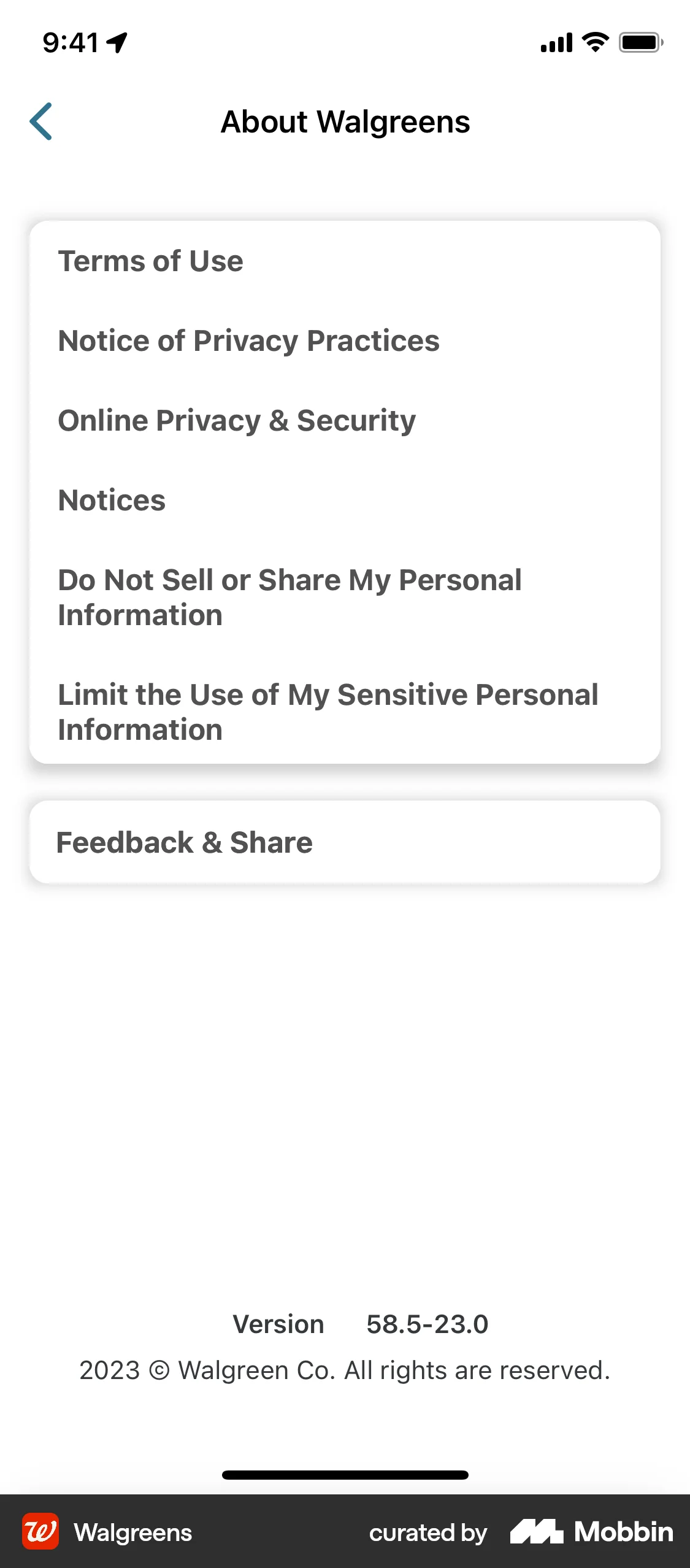 Walgreens iOS About screen