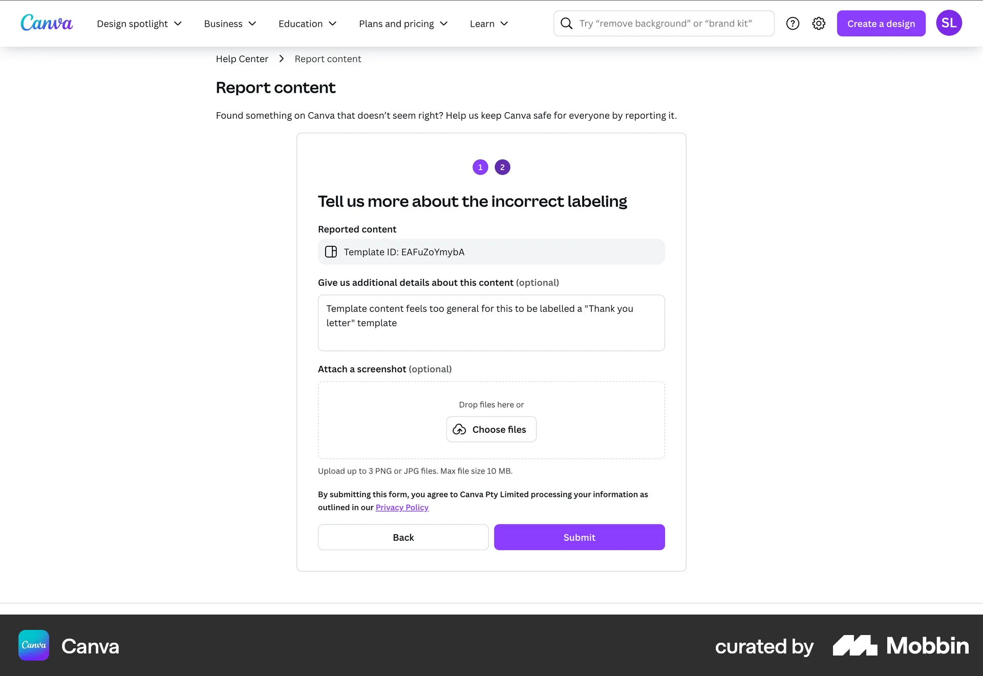 Canva Web Flag & Report screen
