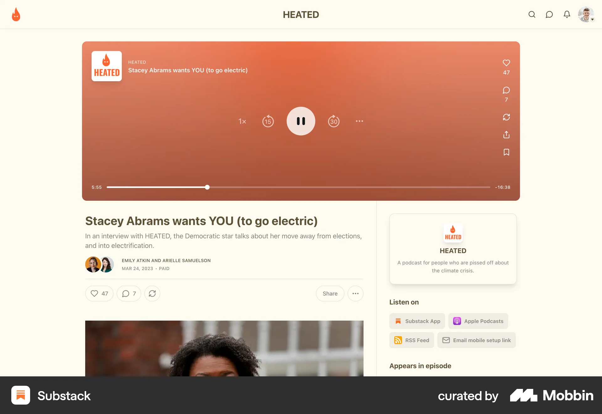 Substack Web Song & Podcast Detail screen